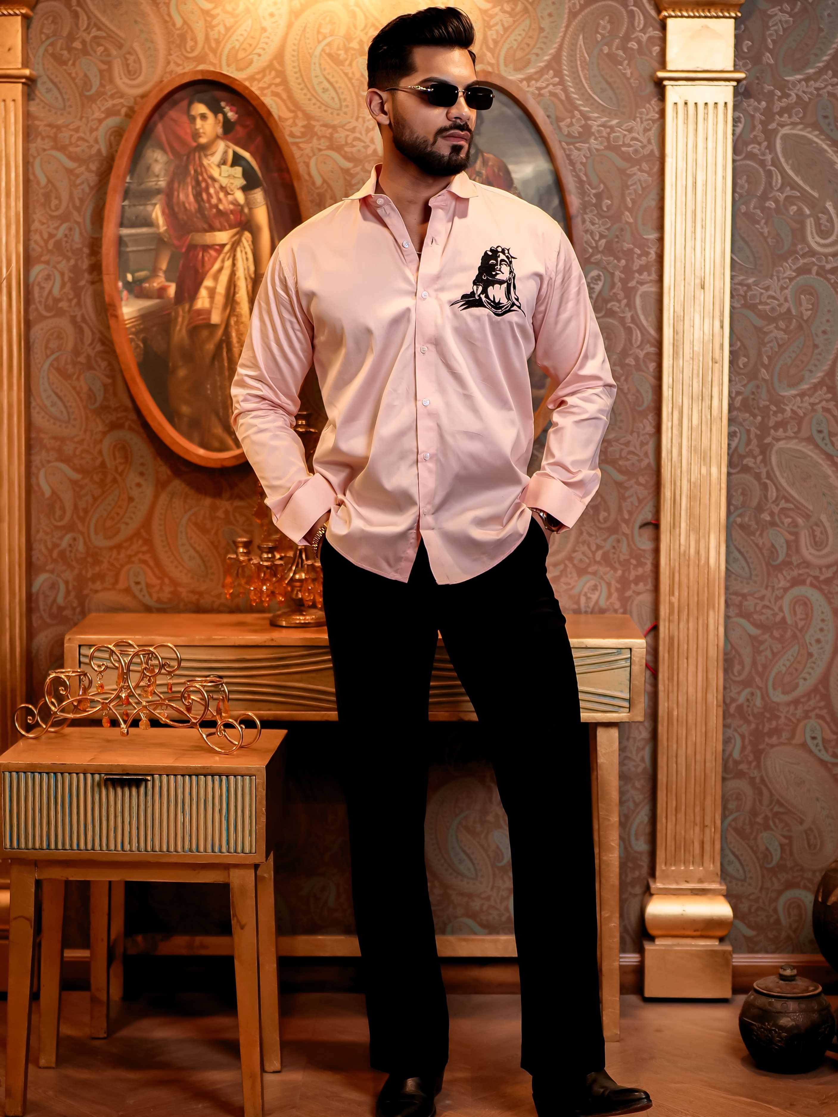 Adiyogi Shiva Pink Embroidered Designer Satin Cotton Shirt - Image 11