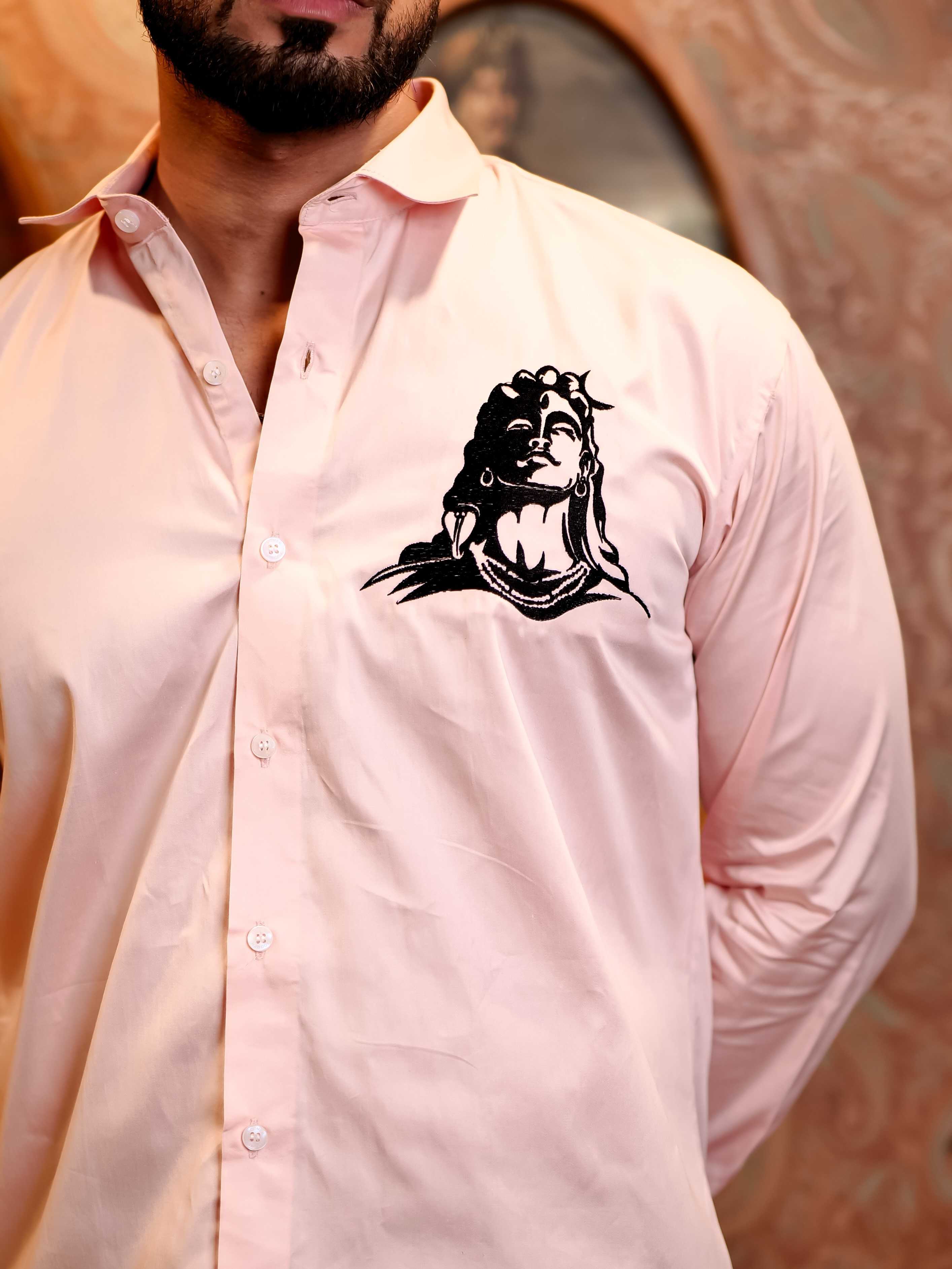Adiyogi Shiva Pink Embroidered Designer Satin Cotton Shirt - Image 2