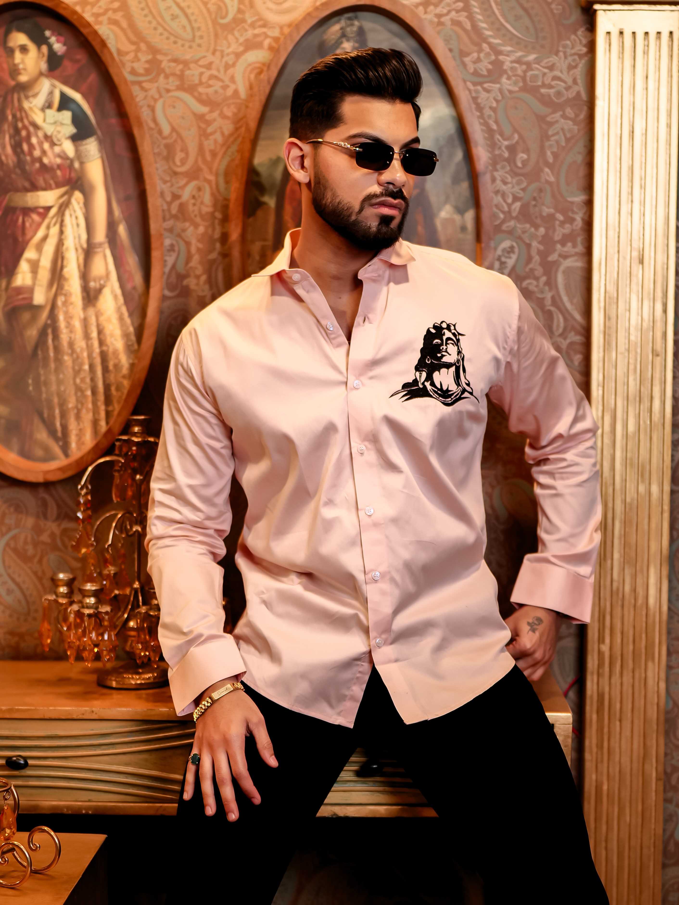 Adiyogi Shiva Pink Embroidered Designer Satin Cotton Shirt - Image 3