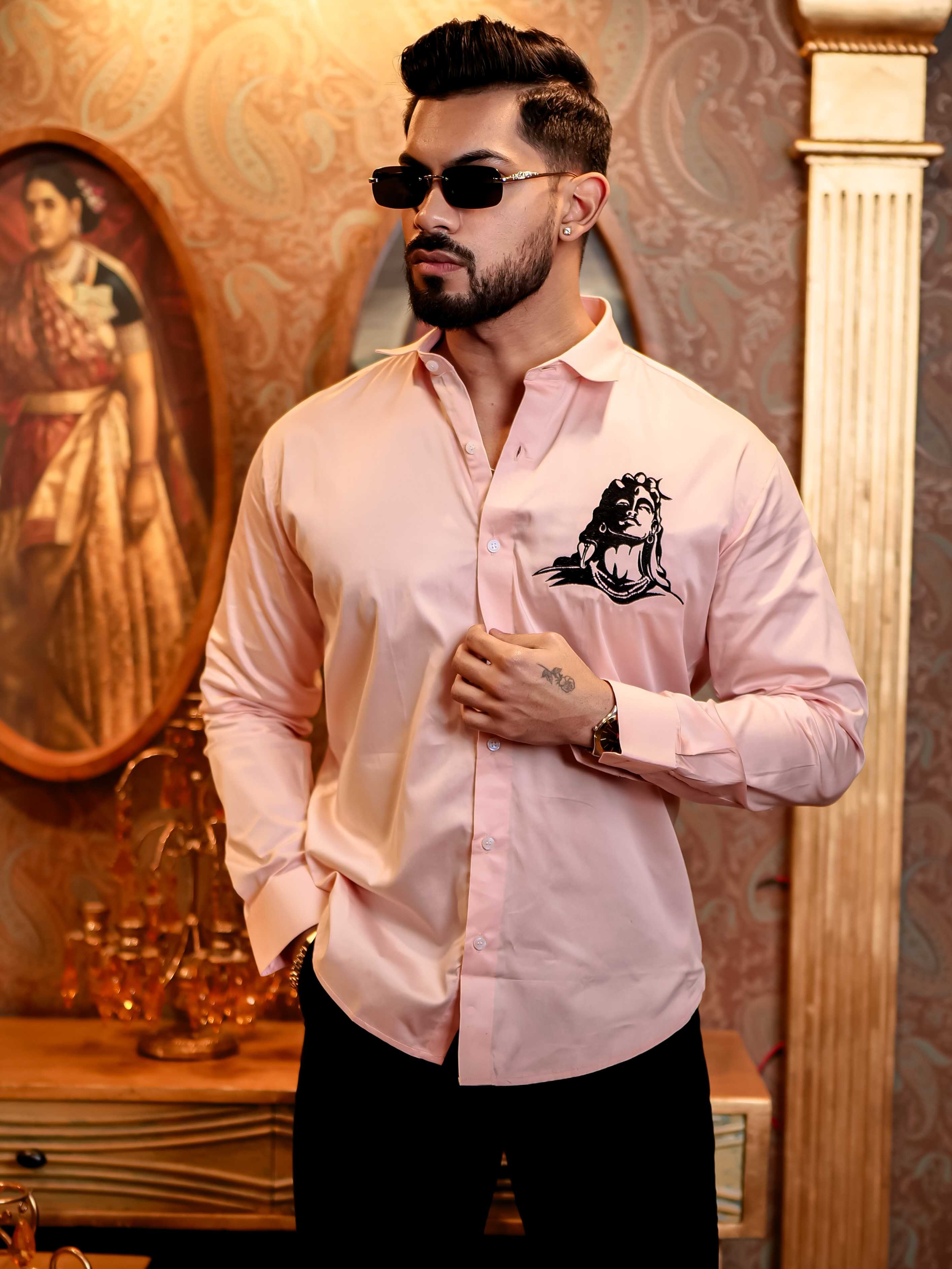 Adiyogi Shiva Pink Embroidered Designer Satin Cotton Shirt - Image 7