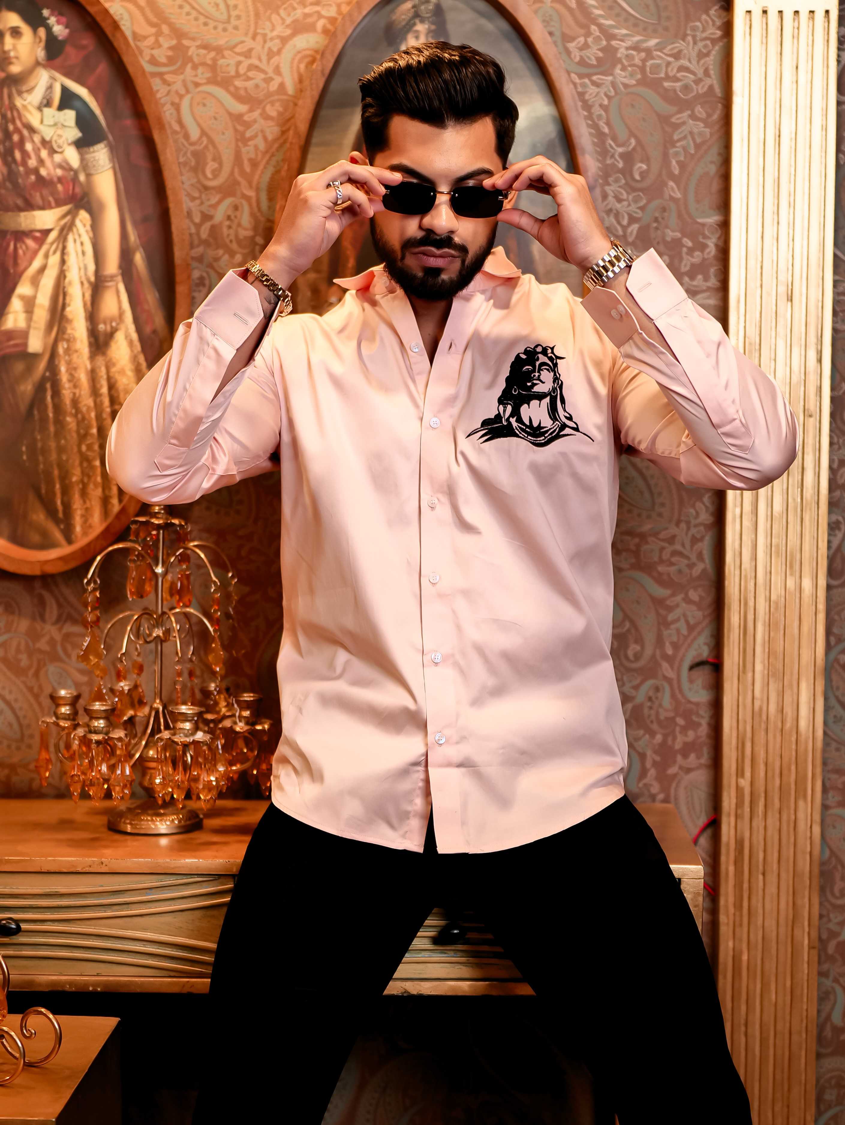 Adiyogi Shiva Pink Embroidered Designer Satin Cotton Shirt - Image 9