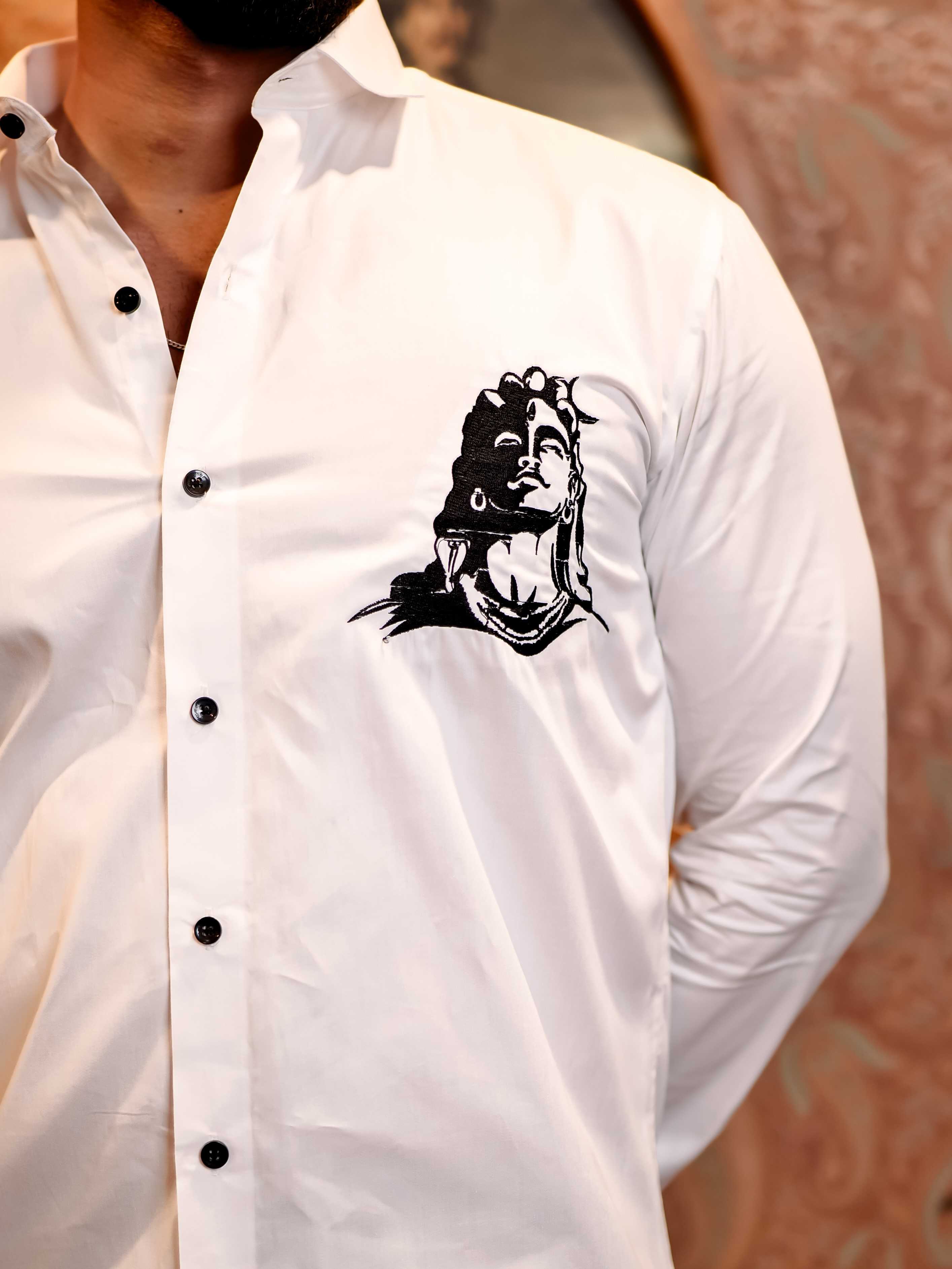 Adiyogi Shiva White Embroidered Designer Satin Cotton Shirt - Image 2