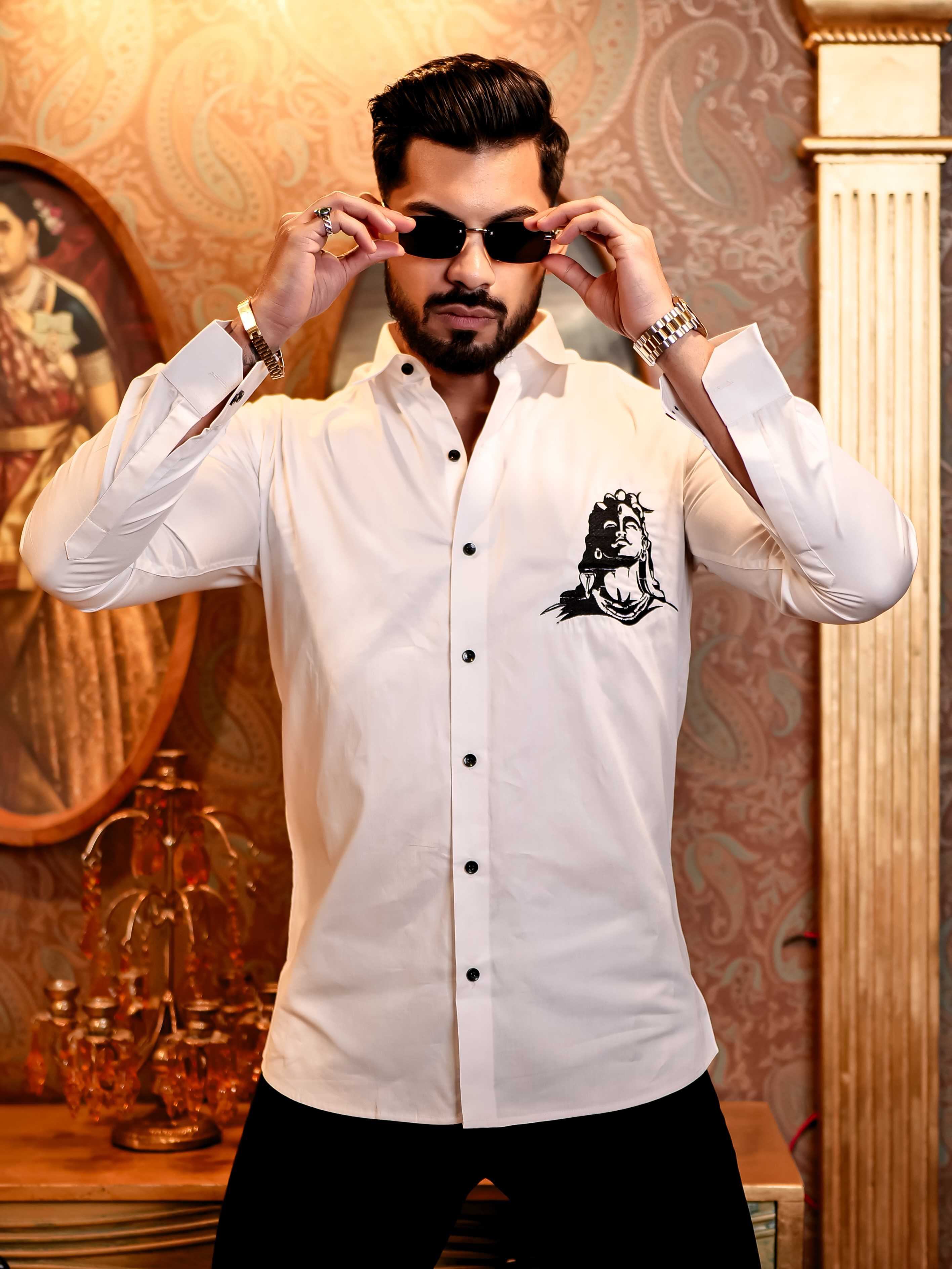 Adiyogi Shiva White Embroidered Designer Satin Cotton Shirt - Image 3