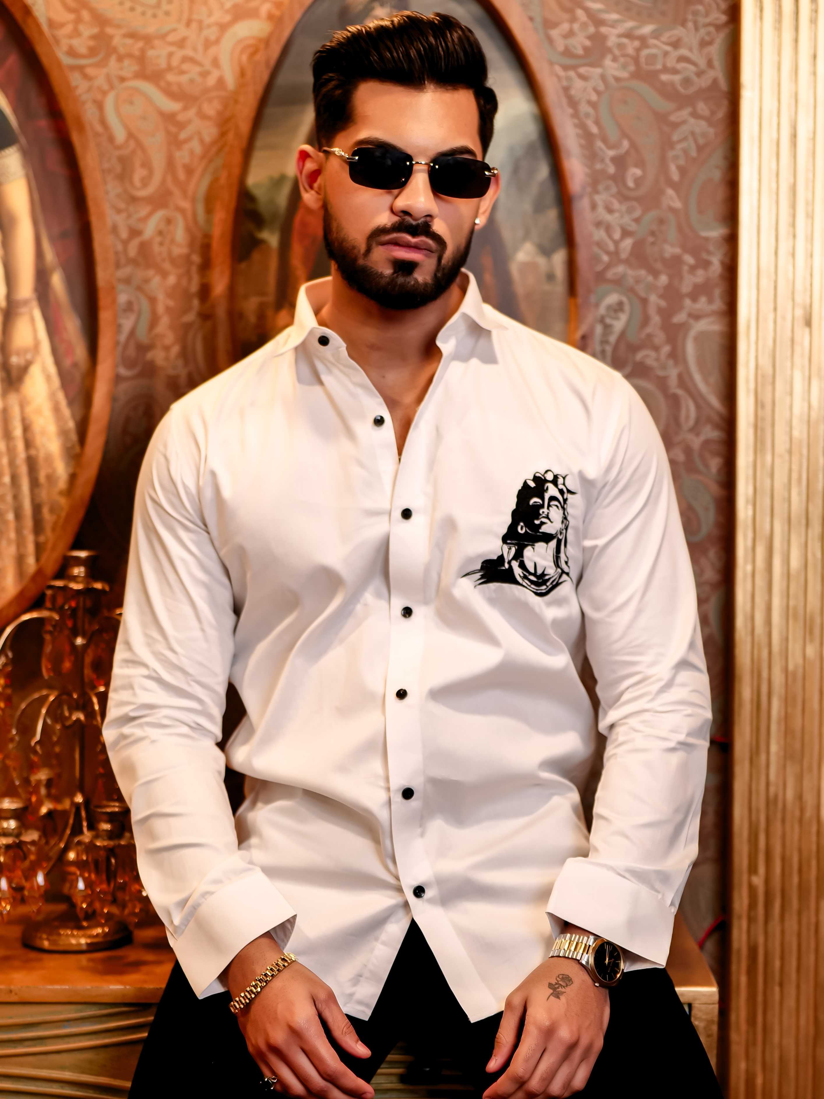 Adiyogi Shiva White Embroidered Designer Satin Cotton Shirt - Image 4