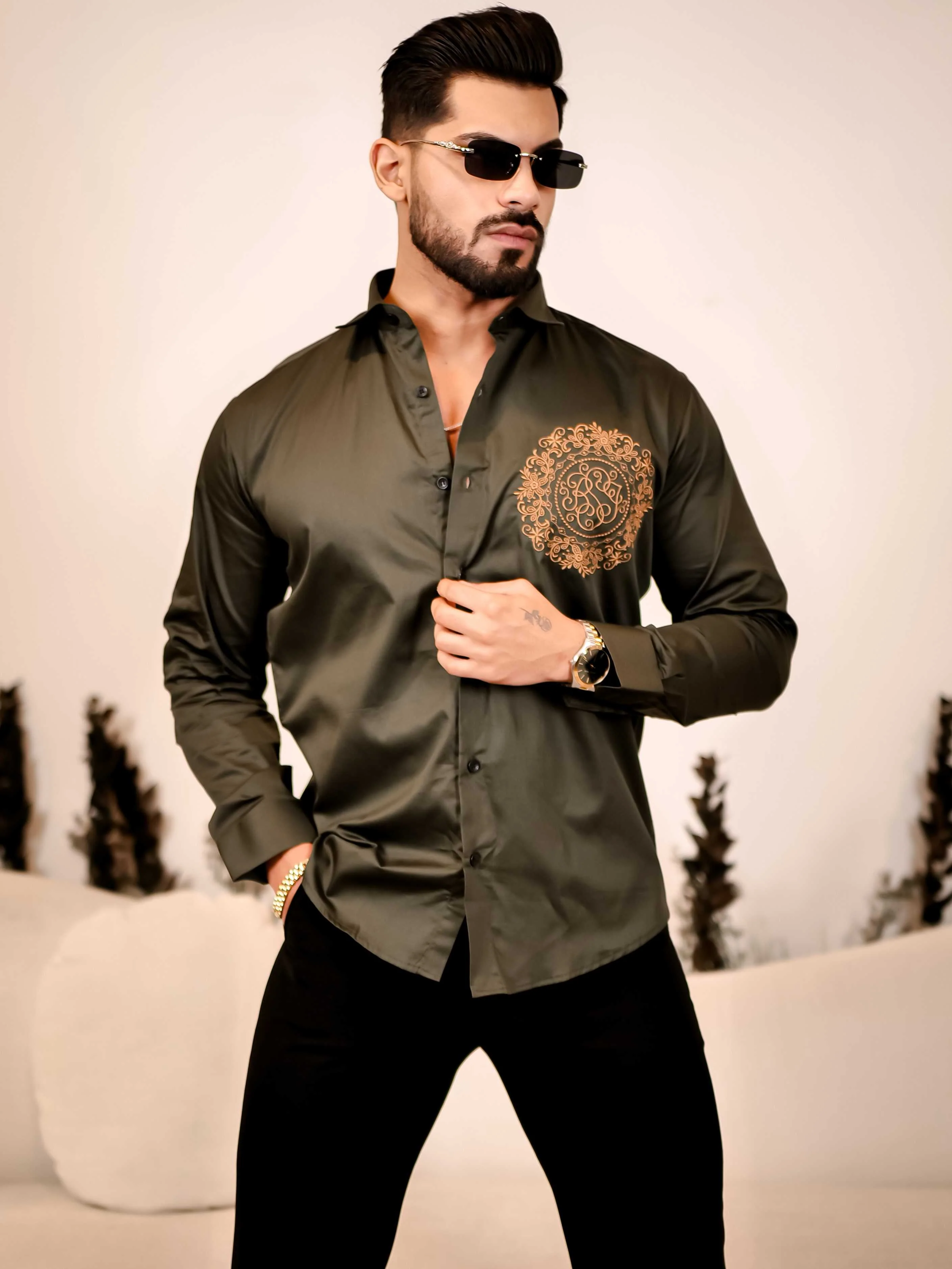 Ancient feel Olive Green Embroidered Club Wear Satin Cotton Shirt - Image 3