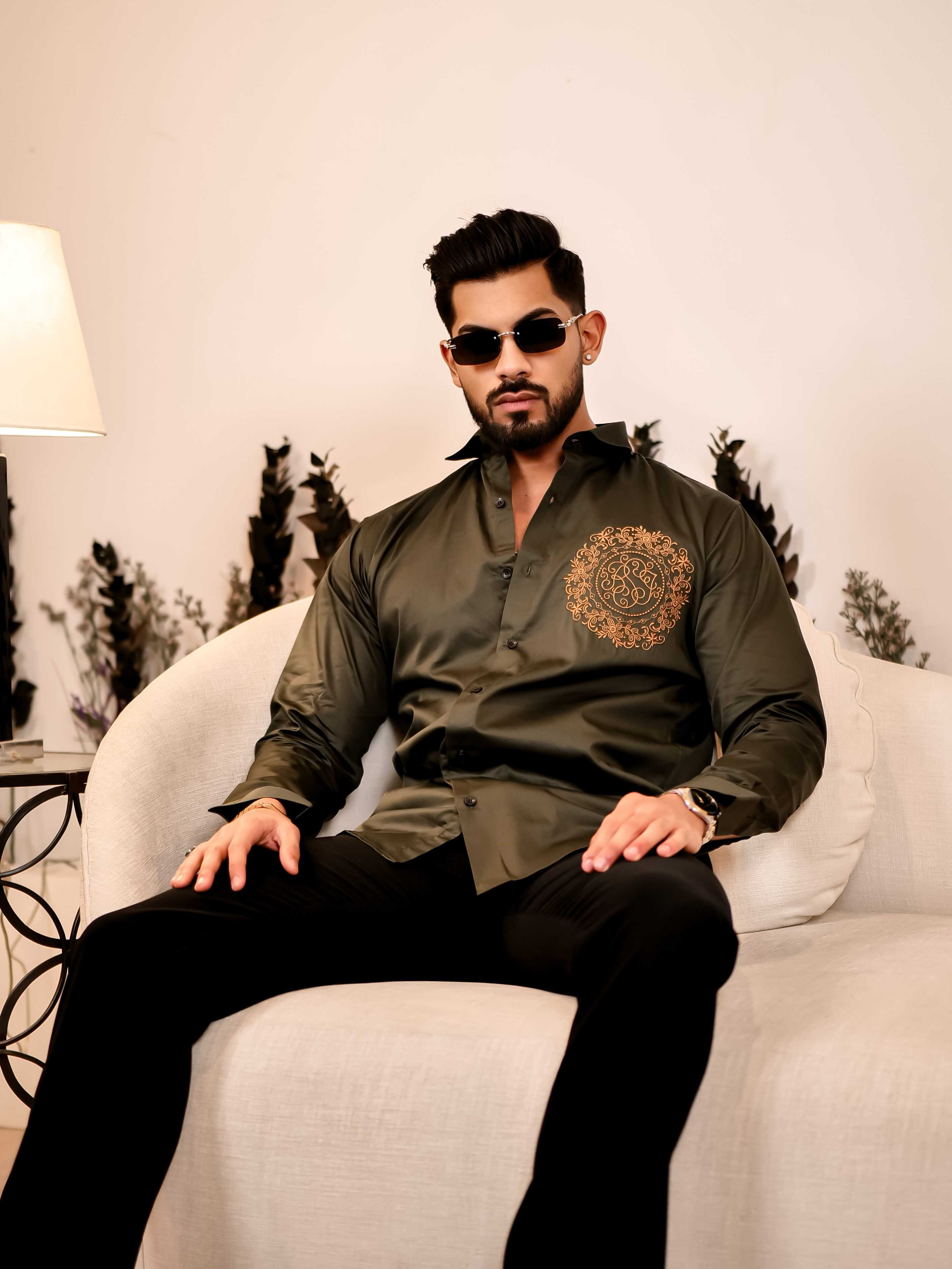 Ancient feel Olive Green Embroidered Club Wear Satin Cotton Shirt - Image 4