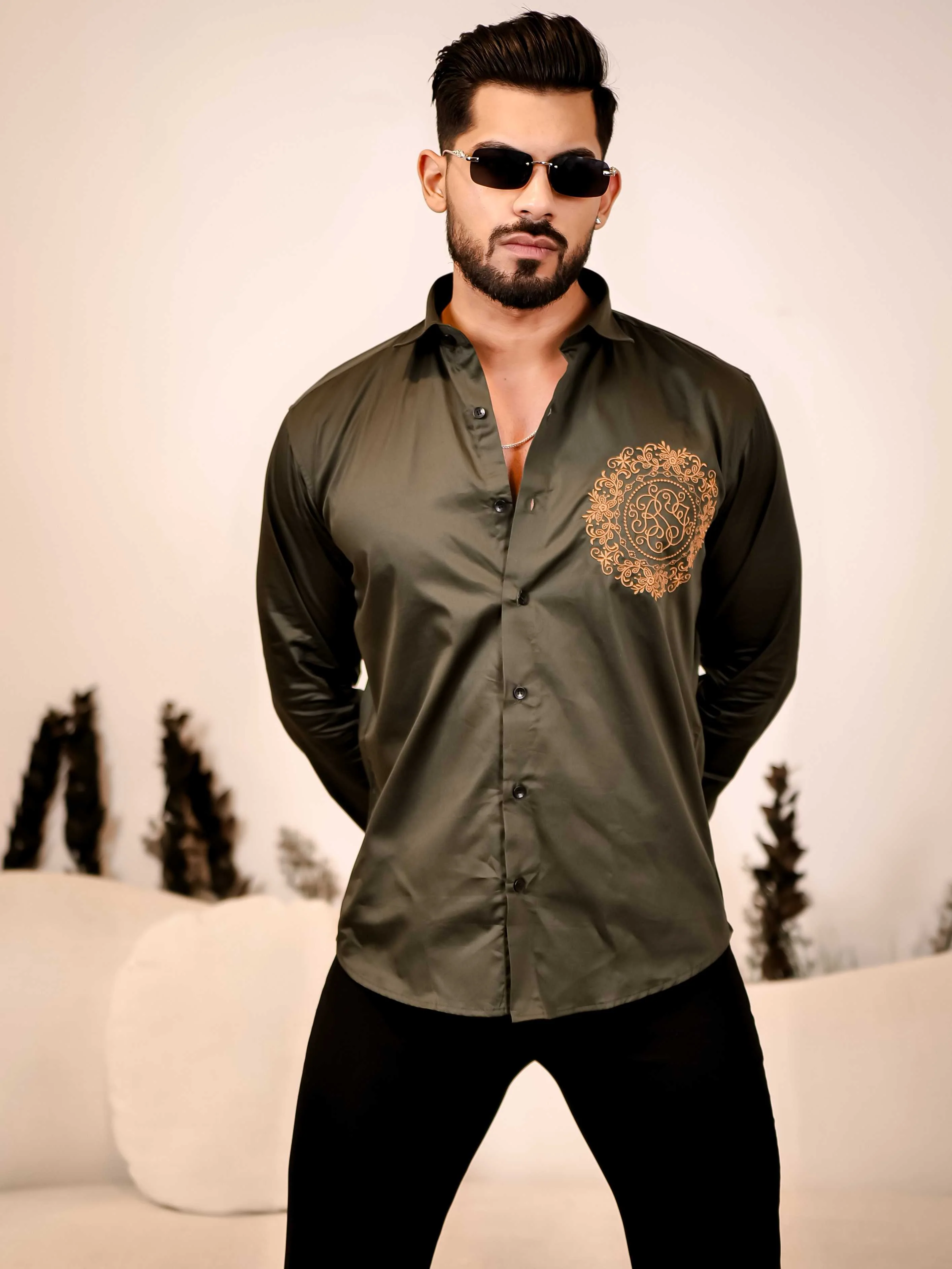 Ancient feel Olive Green Embroidered Club Wear Satin Cotton Shirt - Image 6