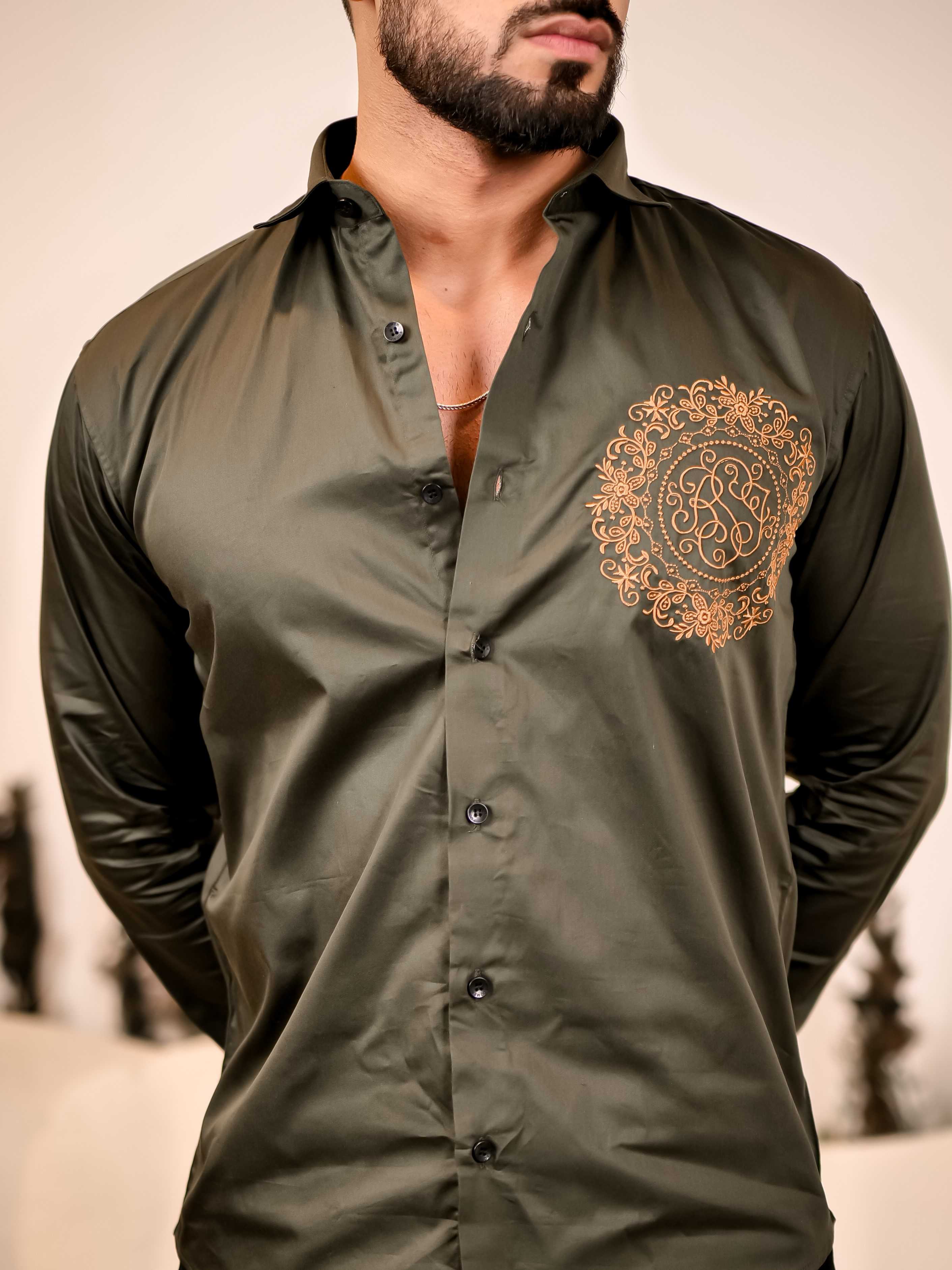Ancient feel Olive Green Embroidered Club Wear Satin Cotton Shirt - Image 7