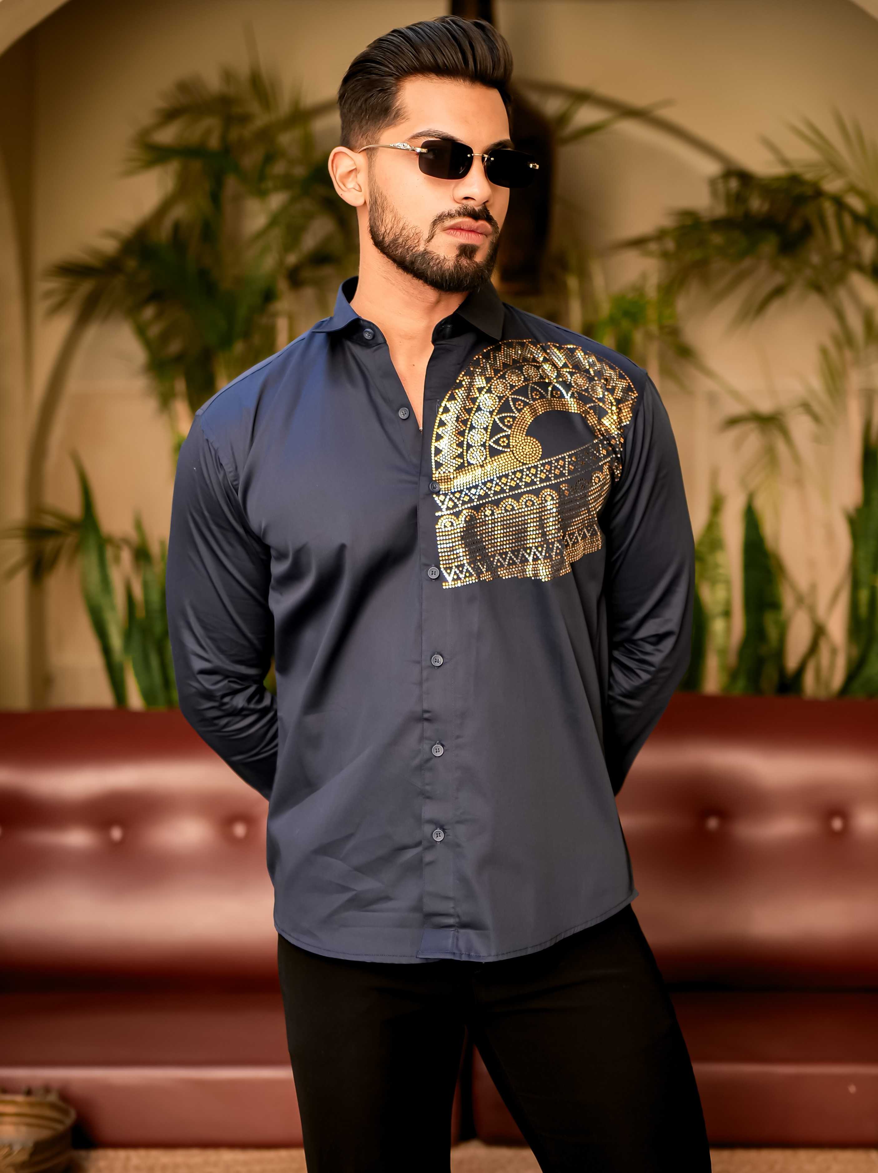 Art Navy Blue Sequence Club Wear Satin Cotton Party Shirt - Image 3