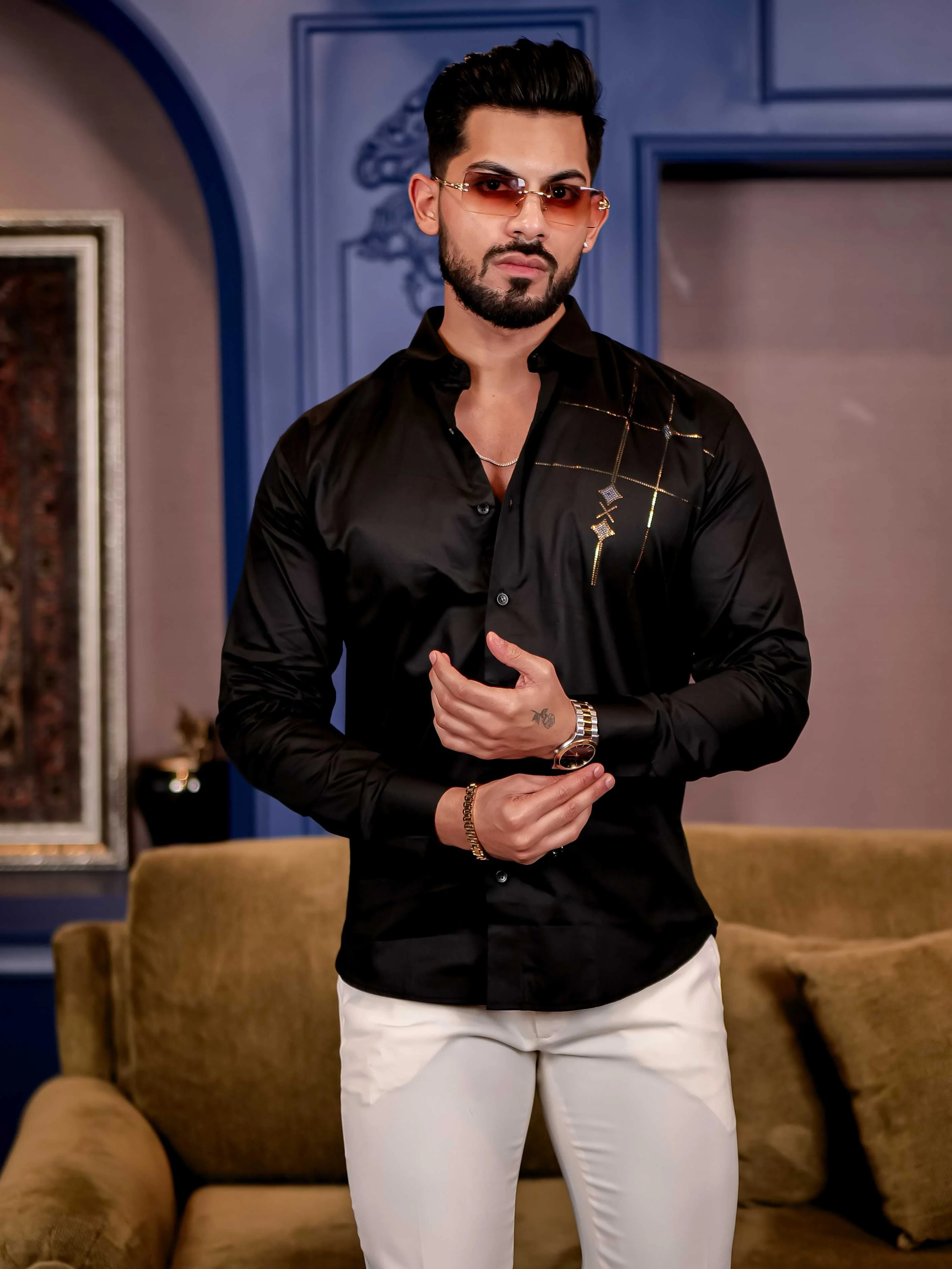 Opaque Black Sequence Club Wear Satin Cotton Party Shirt - Image 3