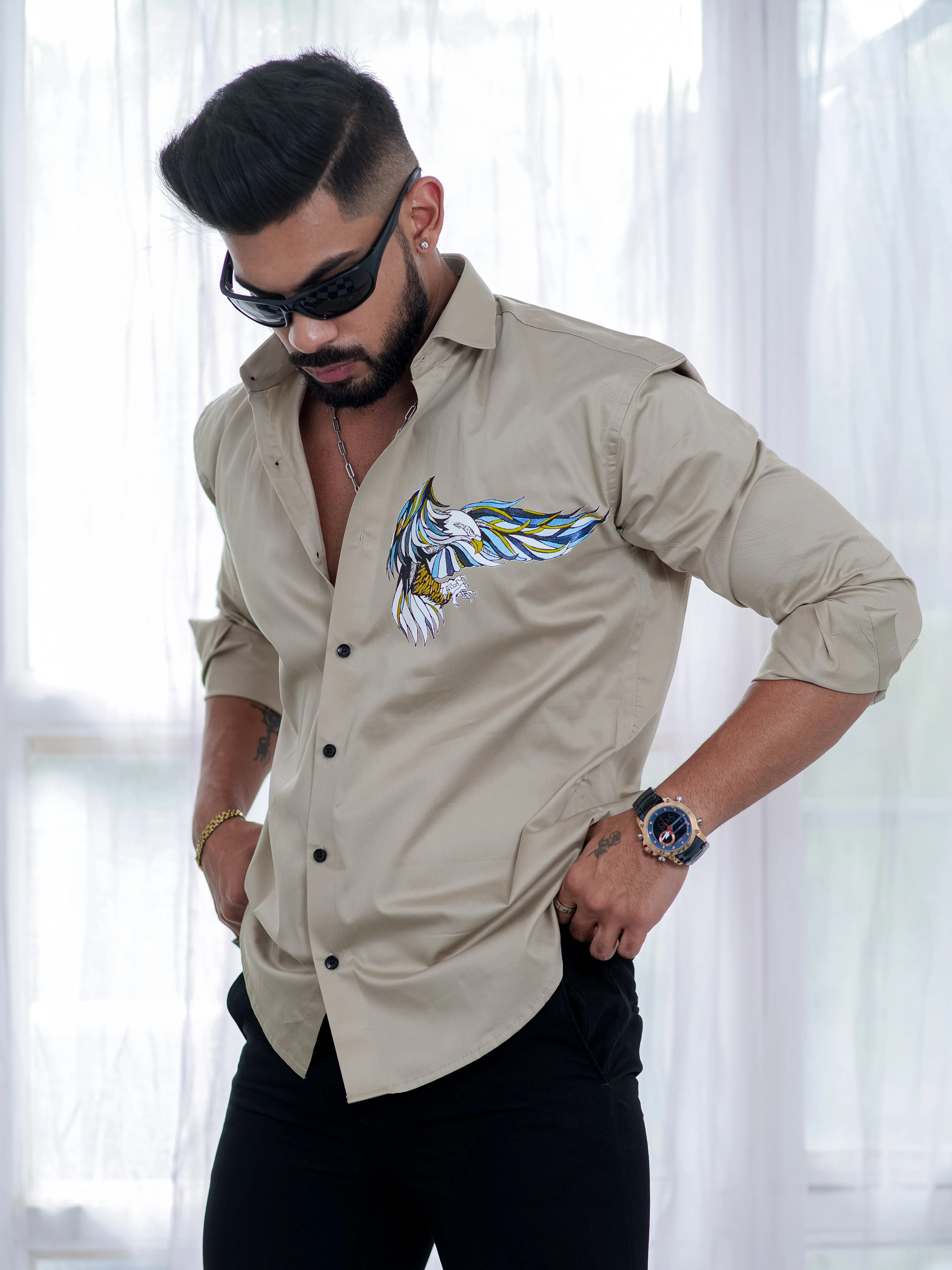 Beige Club Wear Printed Satin Cotton Shirt - Image 4