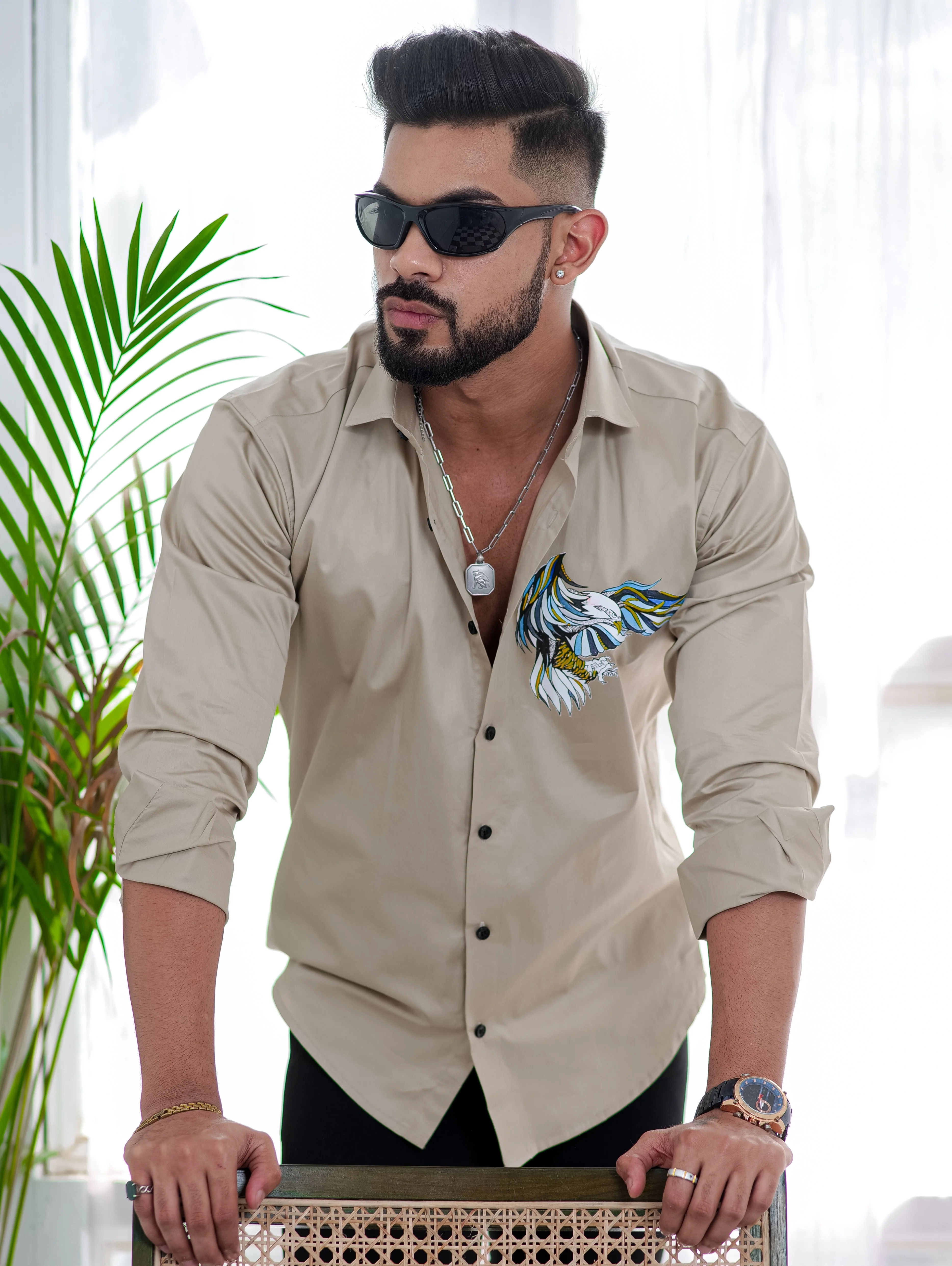 Beige Club Wear Printed Satin Cotton Shirt - Image 5