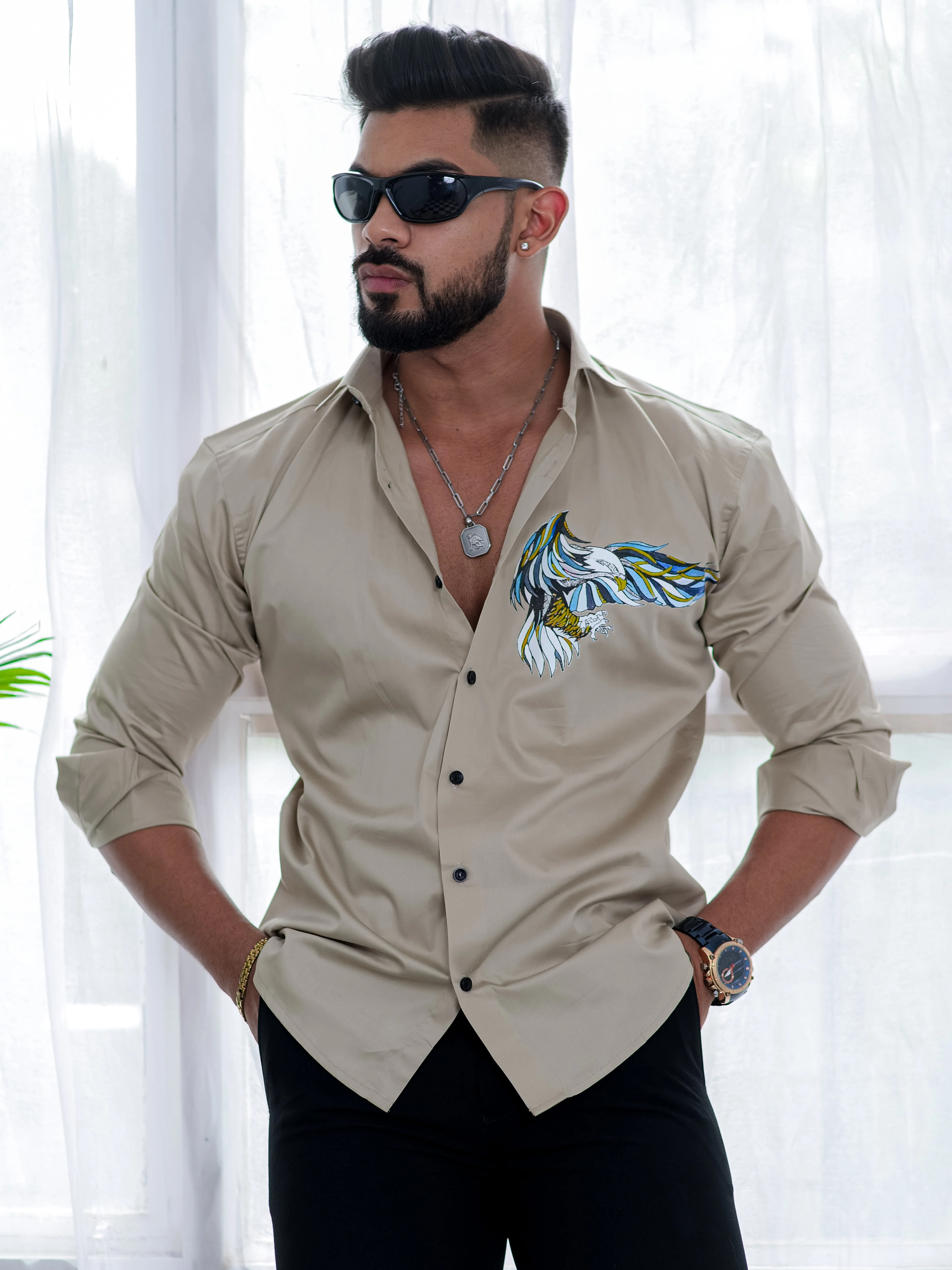 Beige Club Wear Printed Satin Cotton Shirt - Image 6