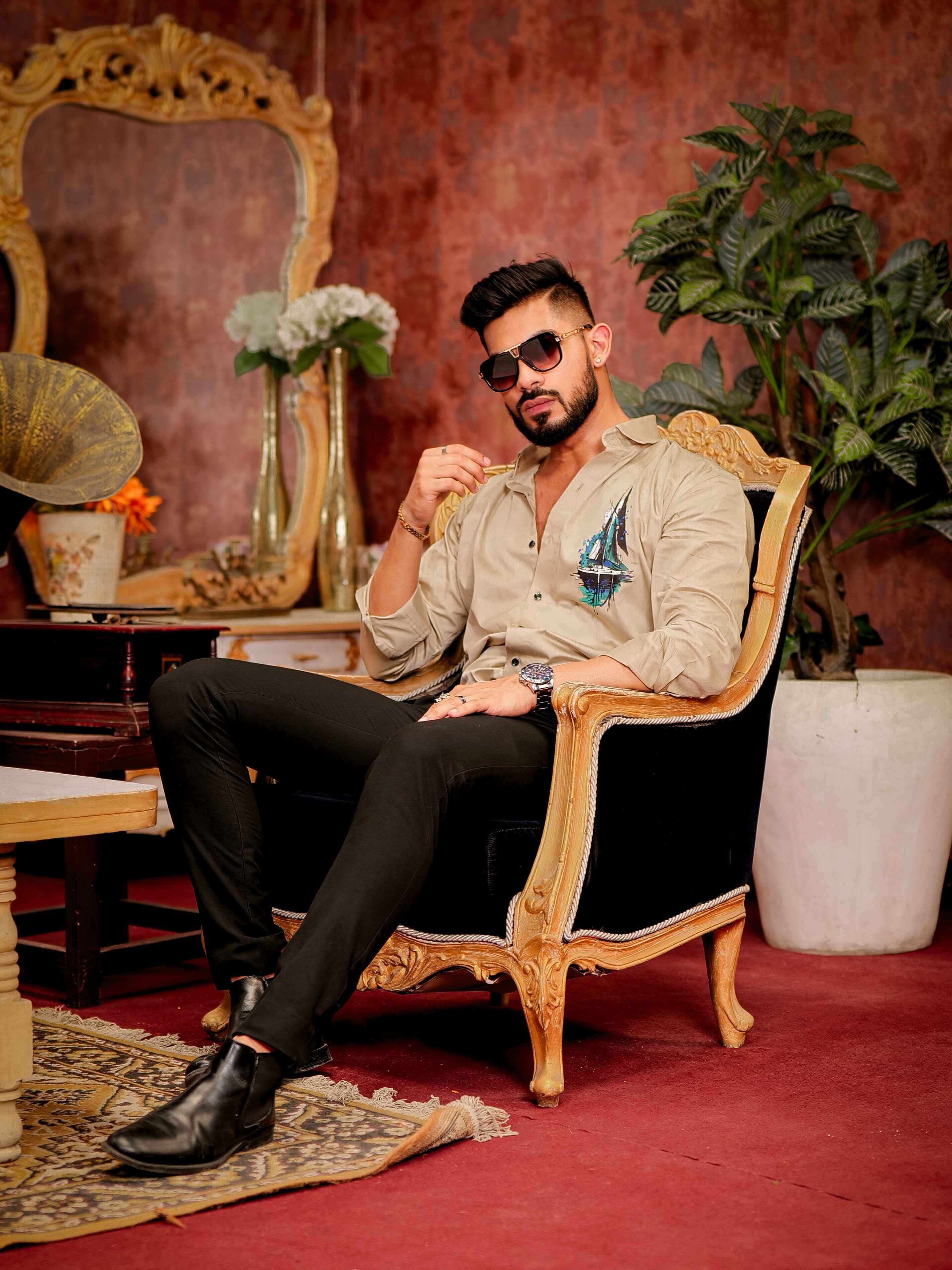 Beige Club Wear Printed Satin Cotton Shirt - Image 3