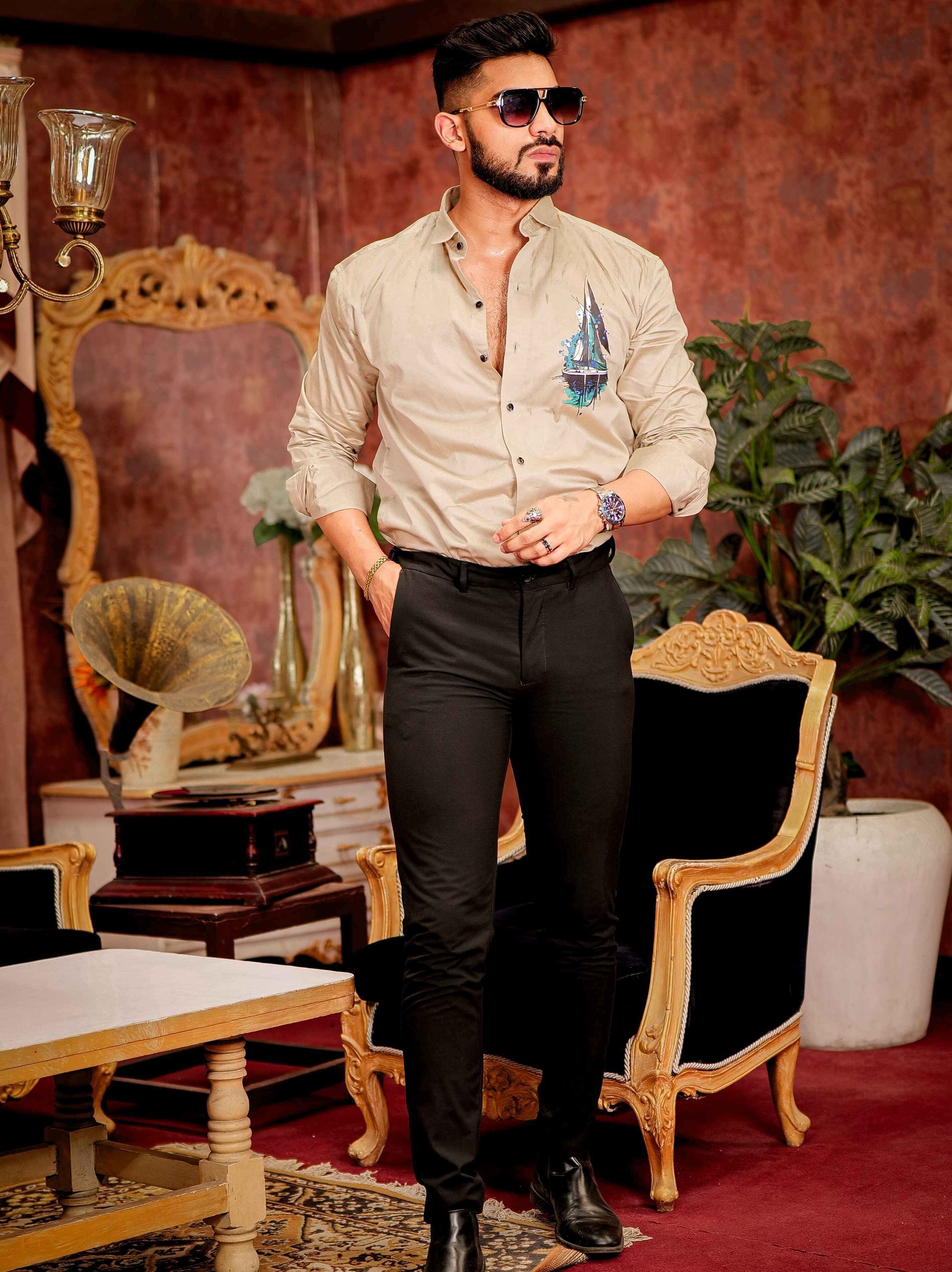 Beige Club Wear Printed Satin Cotton Shirt - Image 4