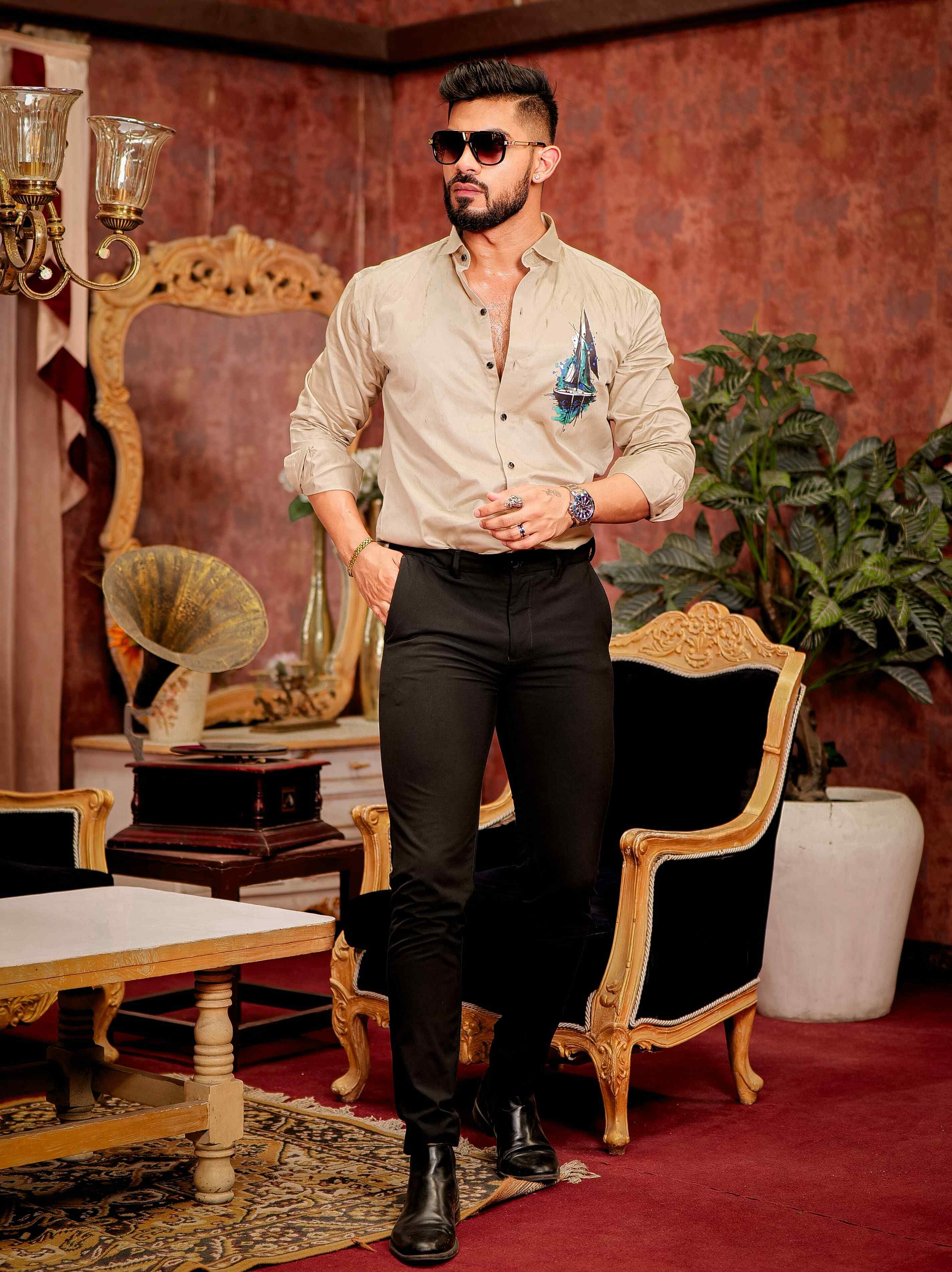 Beige Club Wear Printed Satin Cotton Shirt - Image 5