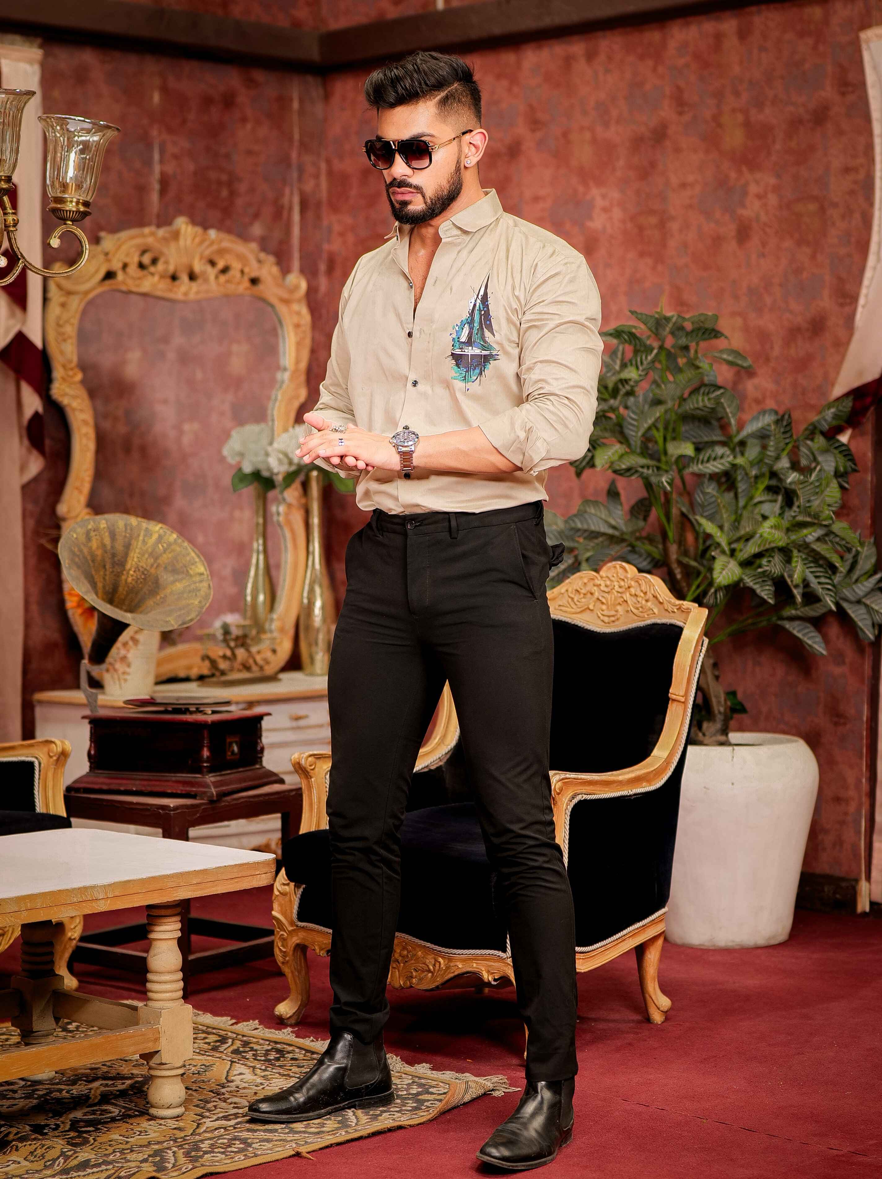 Beige Club Wear Printed Satin Cotton Shirt - Image 6