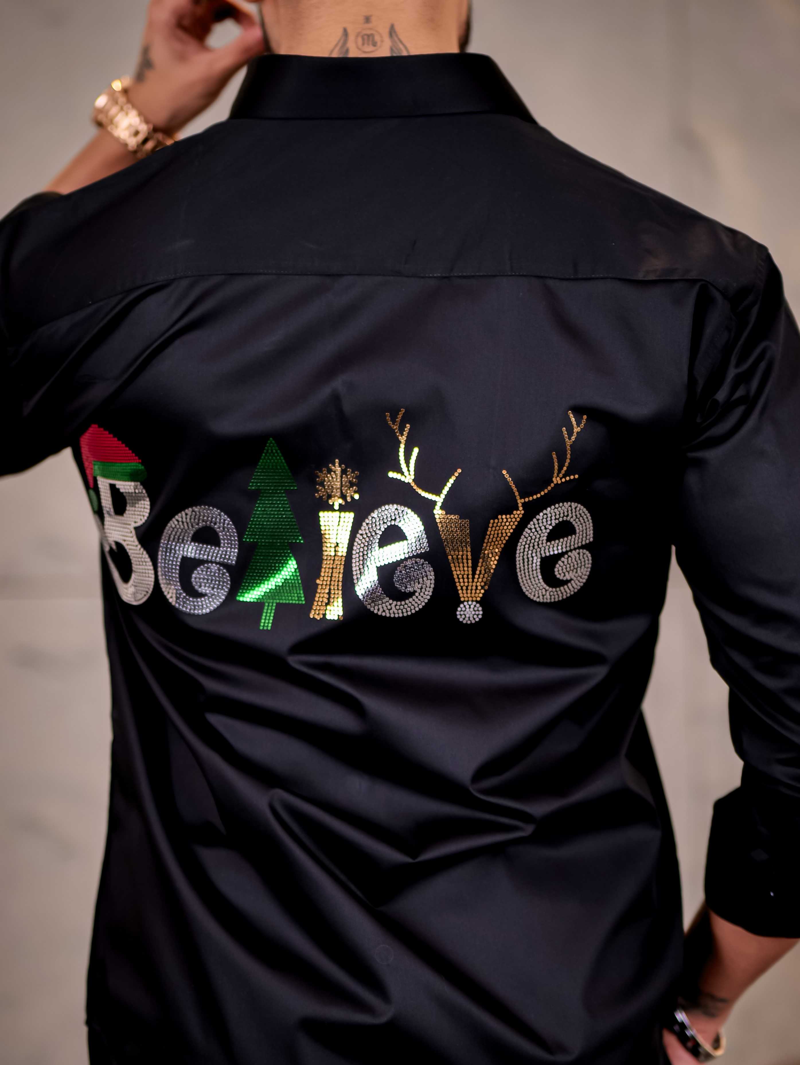 Believe Black Sequence Club Wear Satin Cotton Party Shirt - Image 10