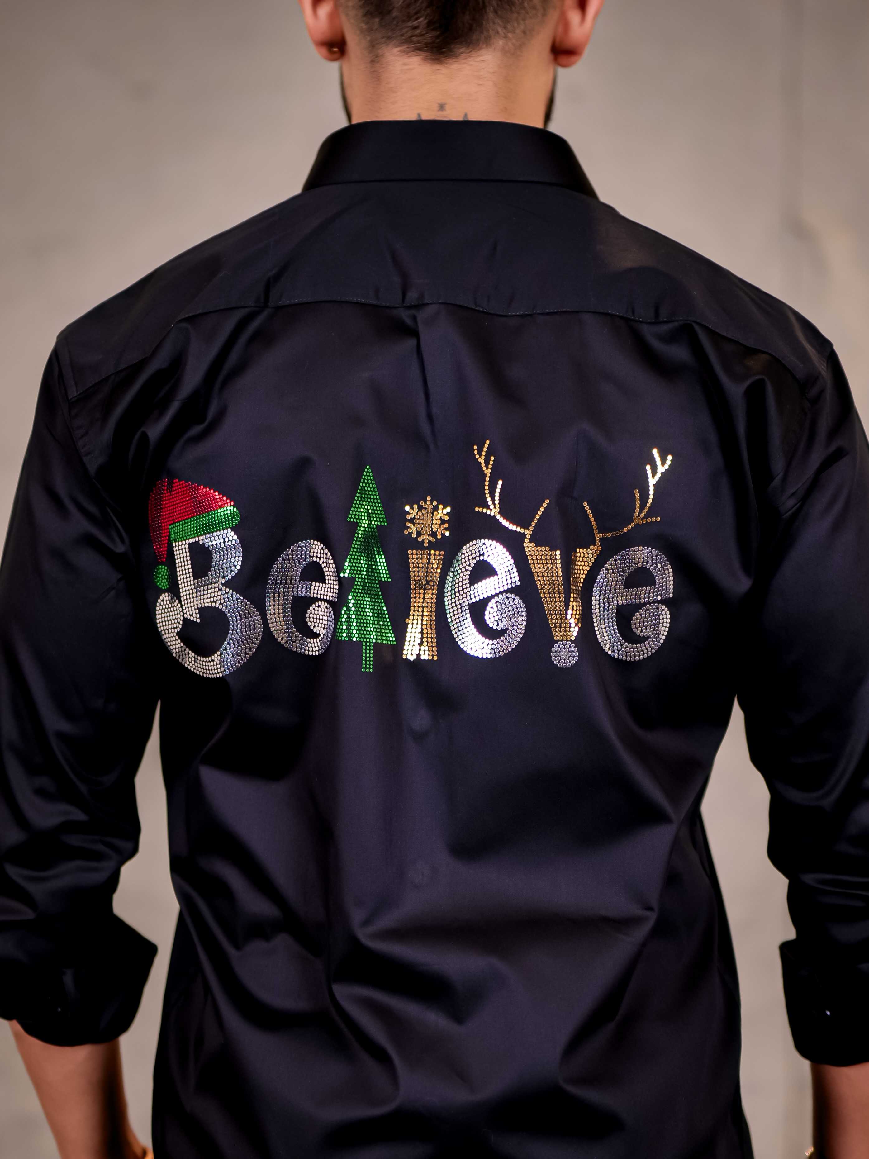 Believe Black Sequence Club Wear Satin Cotton Party Shirt - Image 2