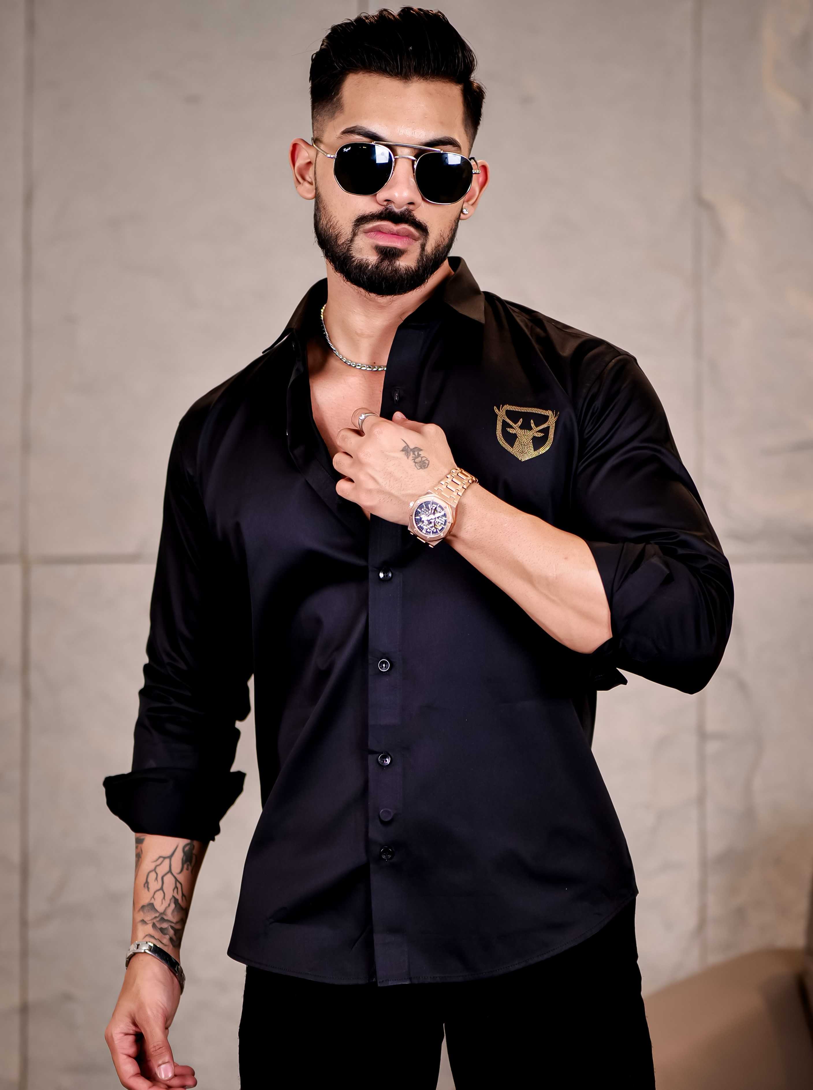 Believe Black Sequence Club Wear Satin Cotton Party Shirt - Image 5