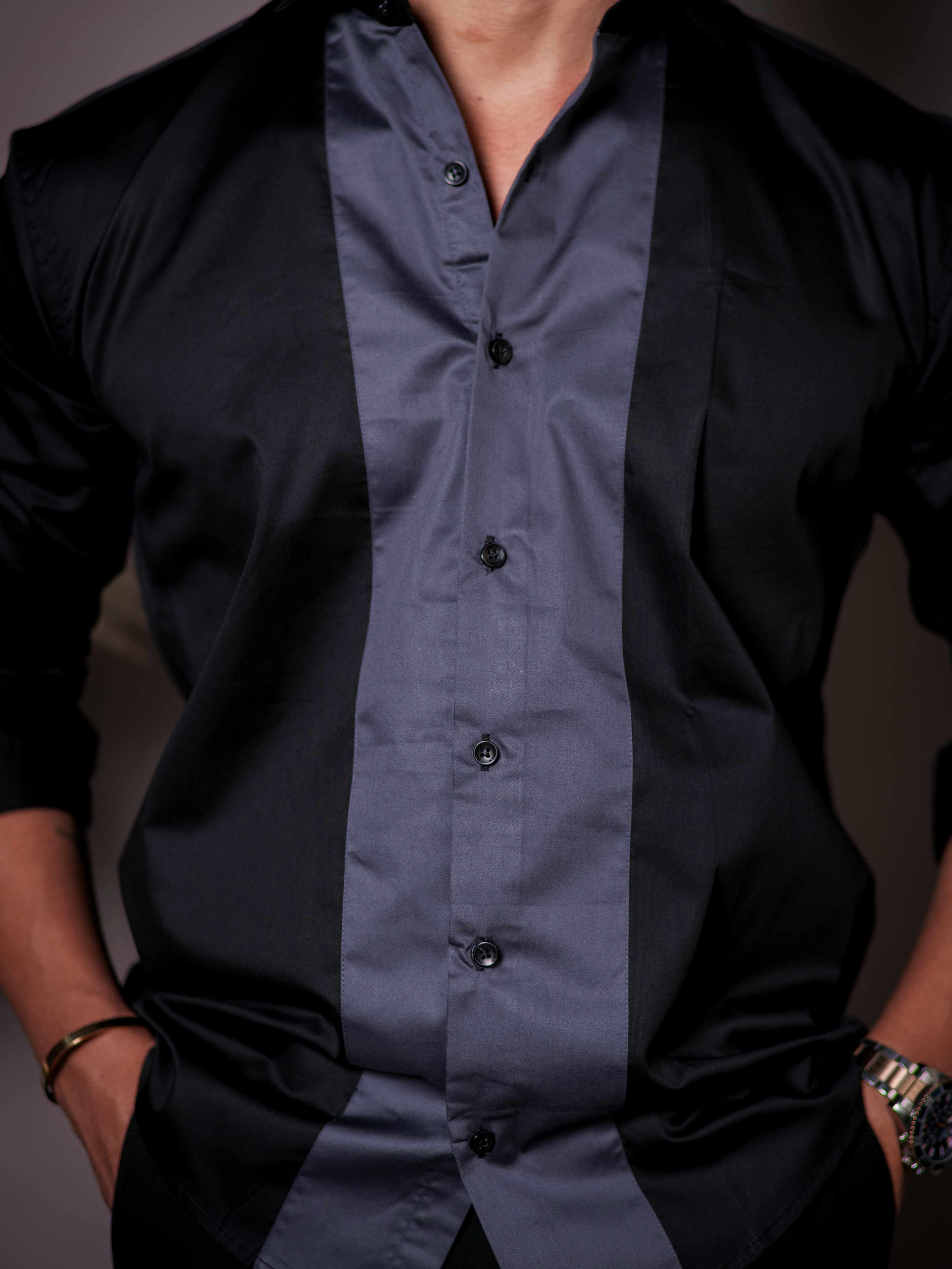 Black And Dark Grey Designer Satin Cotton Shirt - Image 2