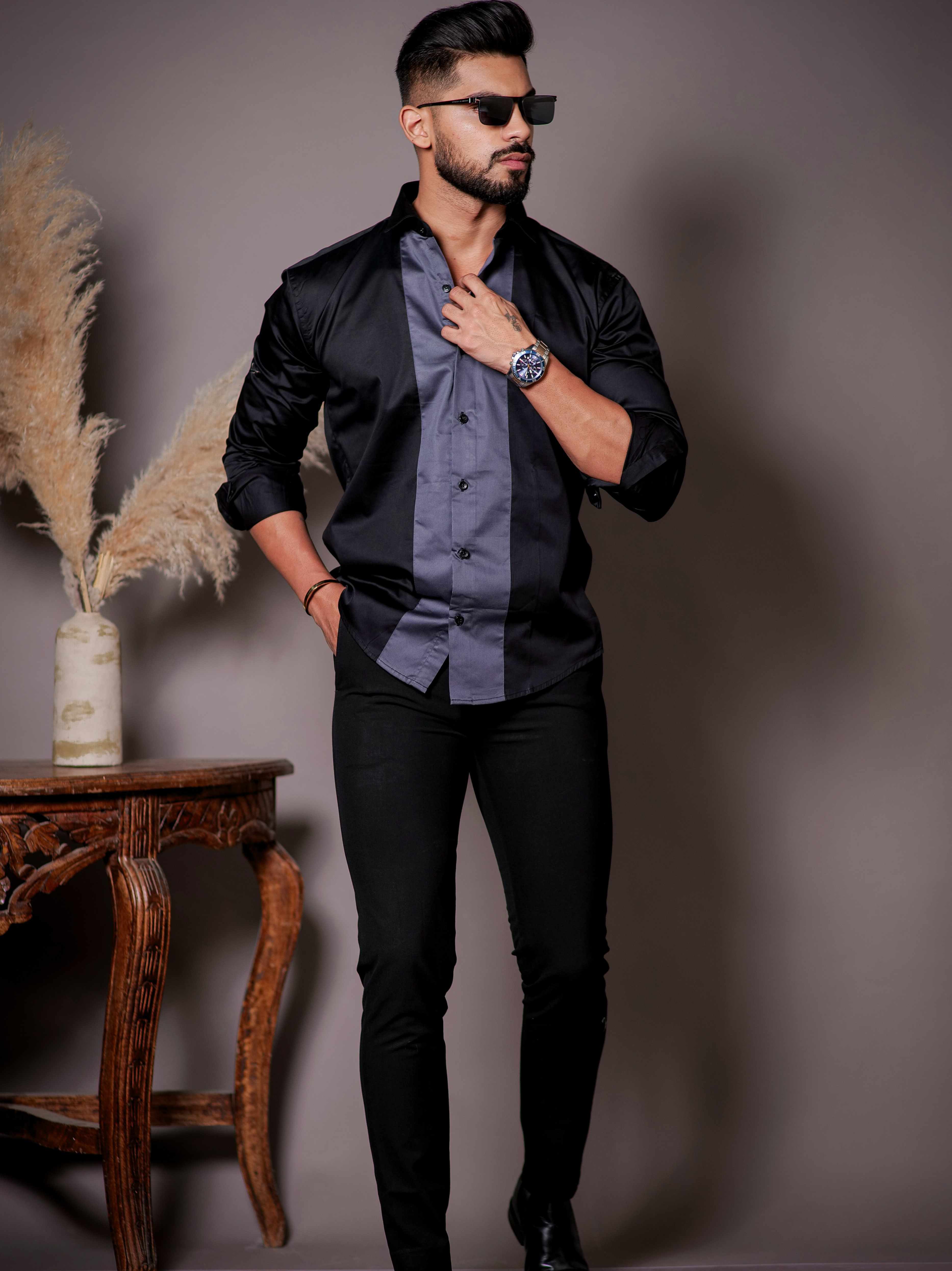 Black And Dark Grey Designer Satin Cotton Shirt - Image 3