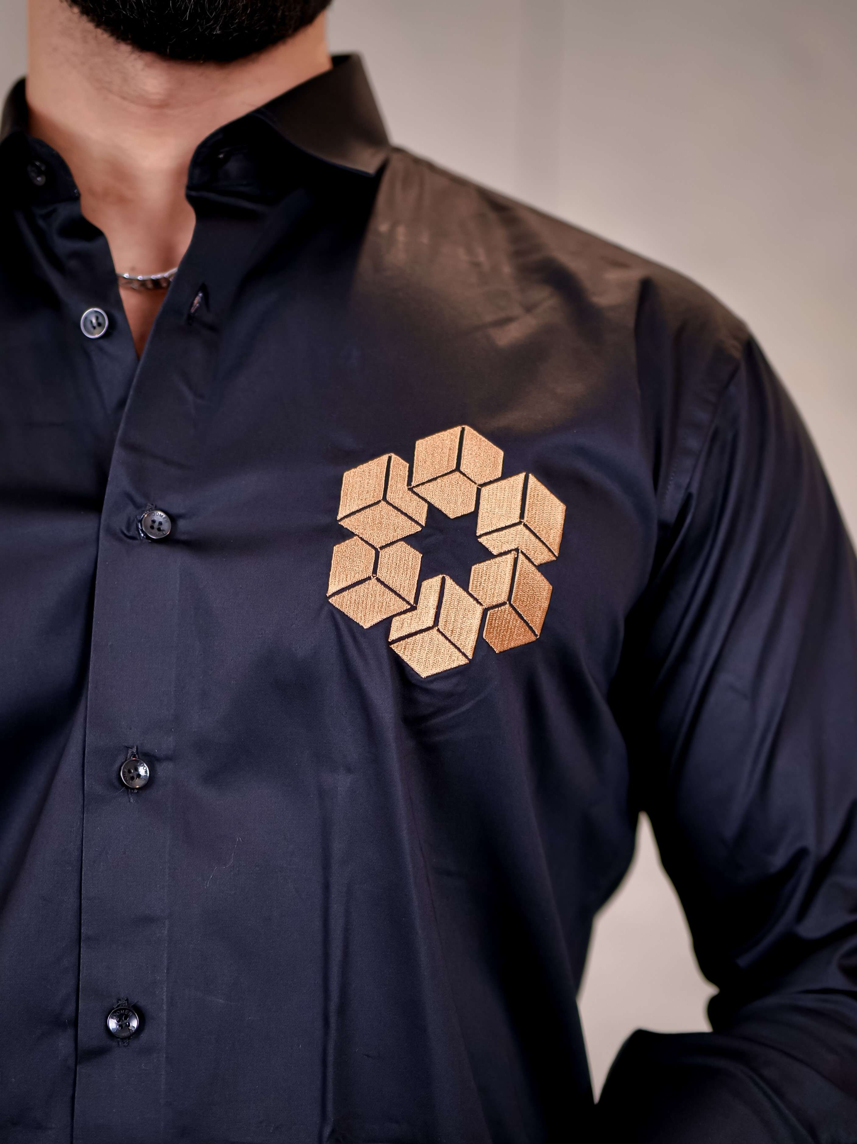 Black Arabian Cube Embroidered Premium Cotton Shirt For Men - Image 3
