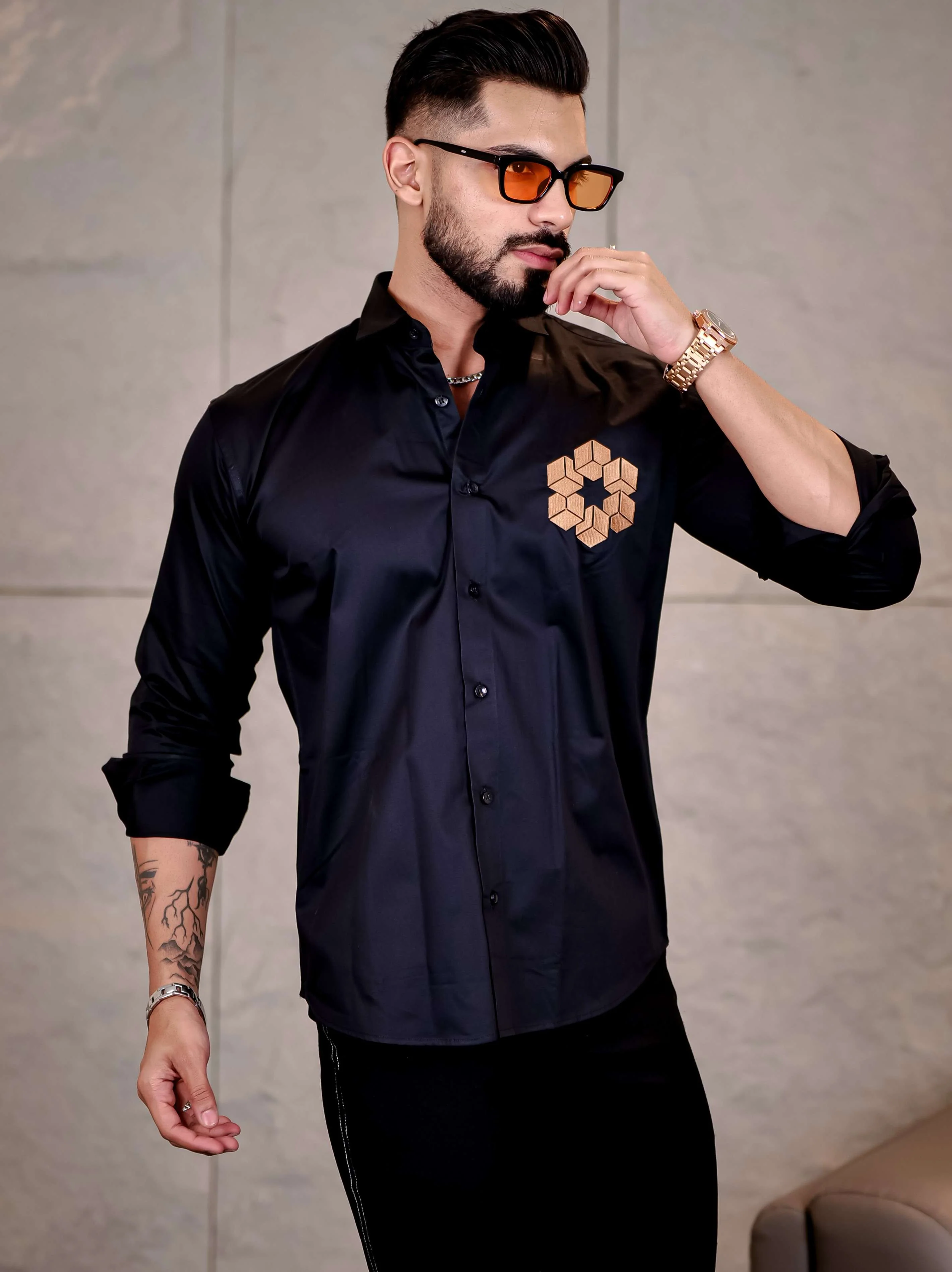 Black Arabian Cube Embroidered Premium Cotton Shirt For Men - Image 4