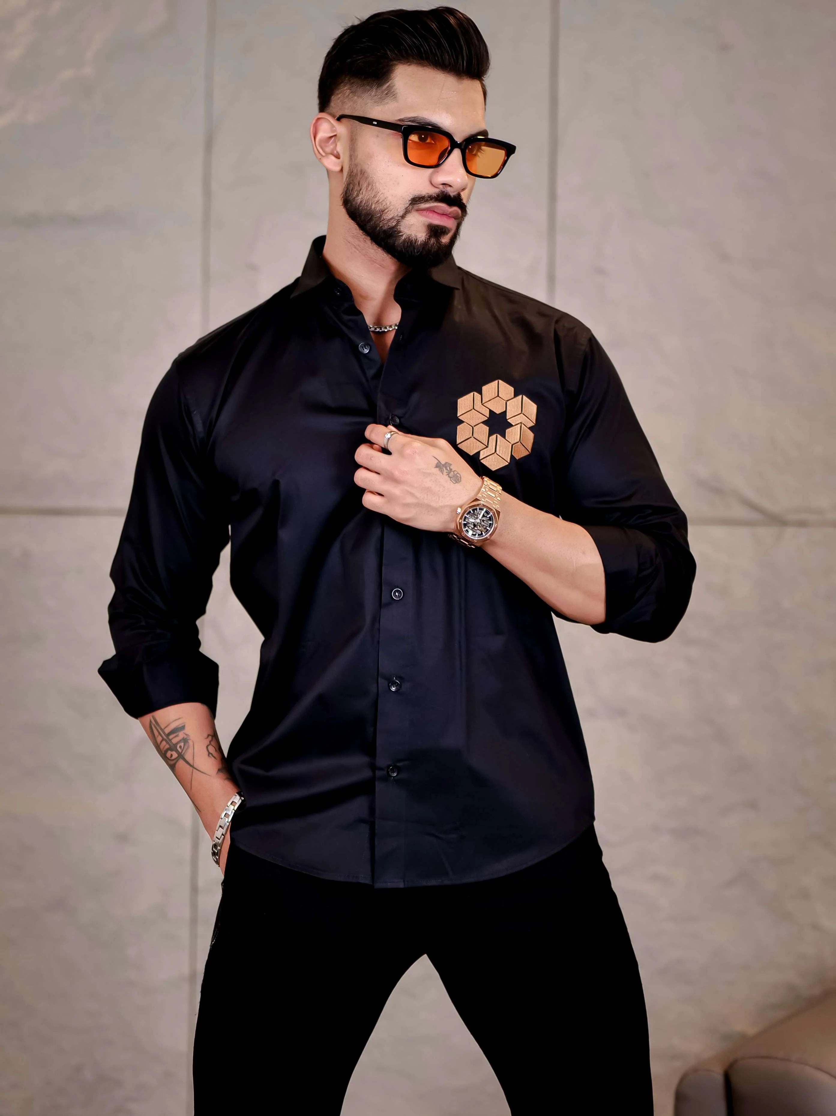 Black Arabian Cube Embroidered Premium Cotton Shirt For Men - Image 5