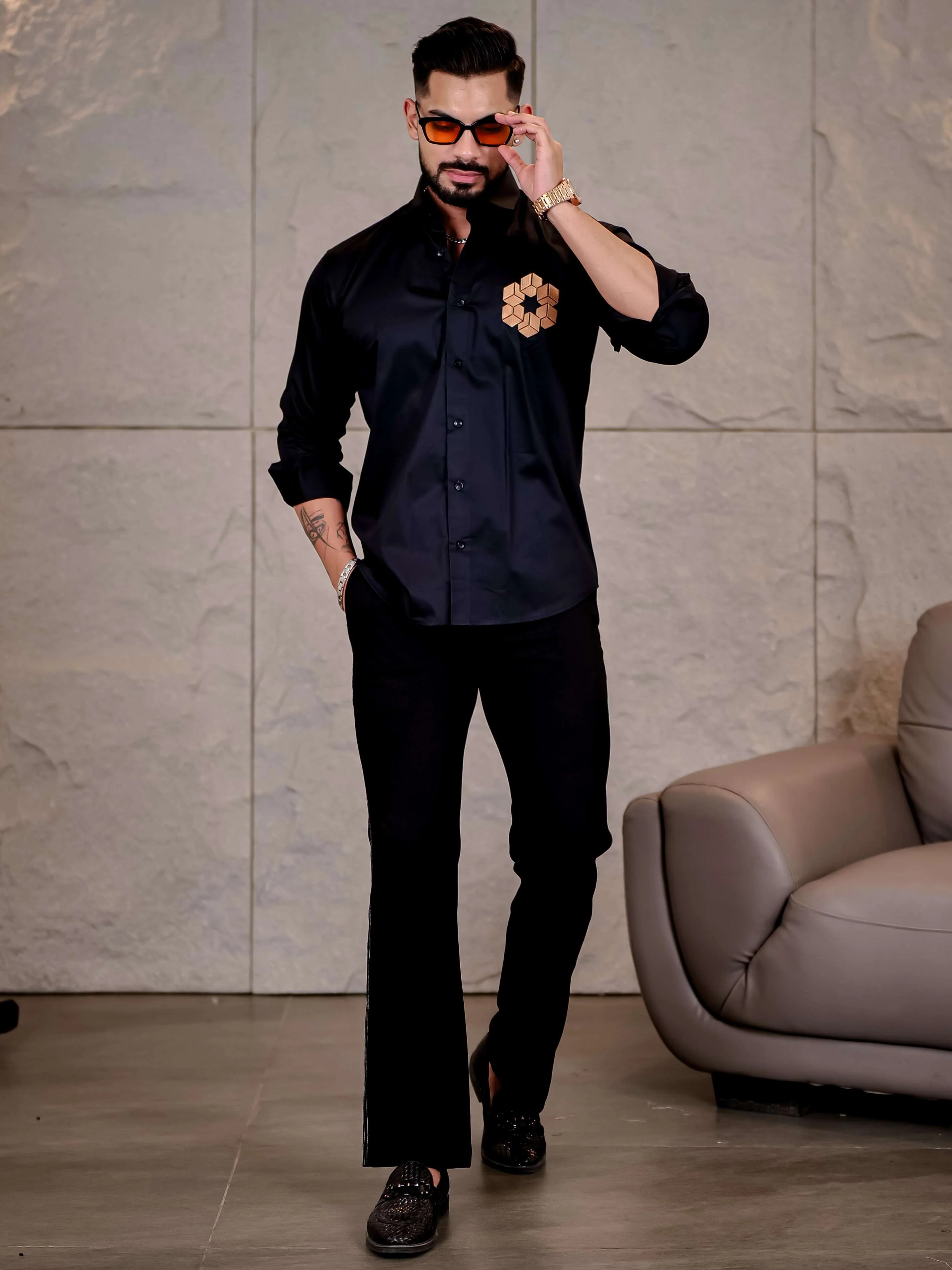 Black Arabian Cube Embroidered Premium Cotton Shirt For Men - Image 6