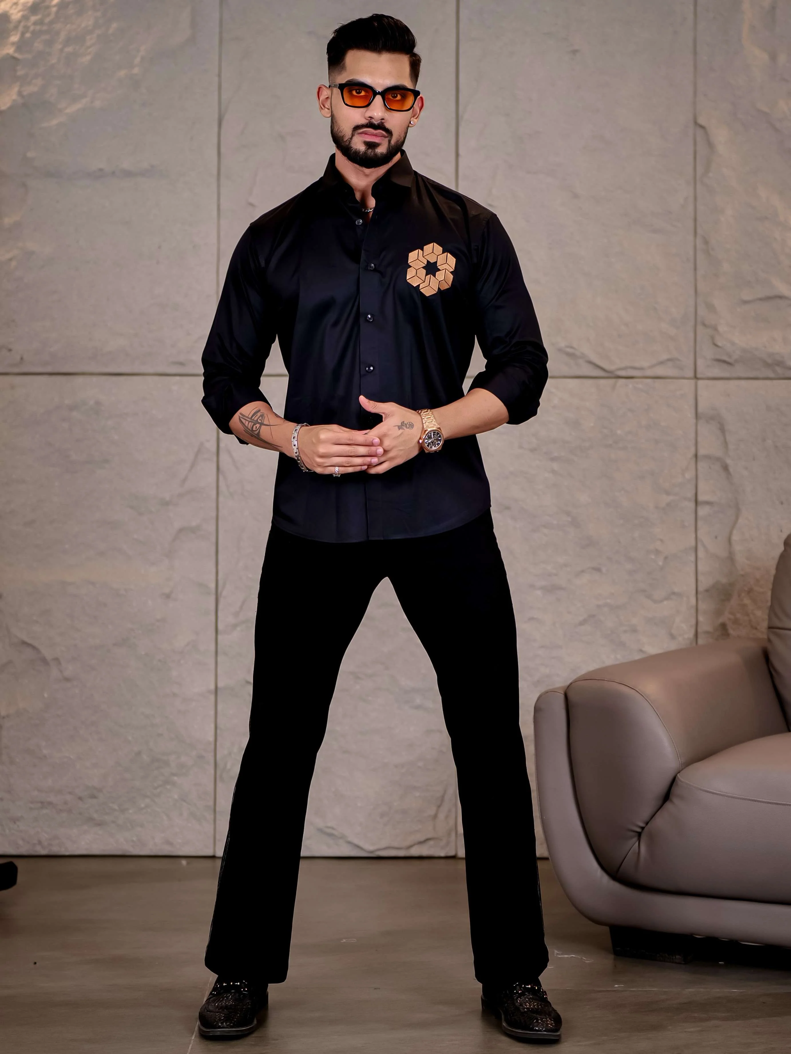 Black Arabian Cube Embroidered Premium Cotton Shirt For Men - Image 7