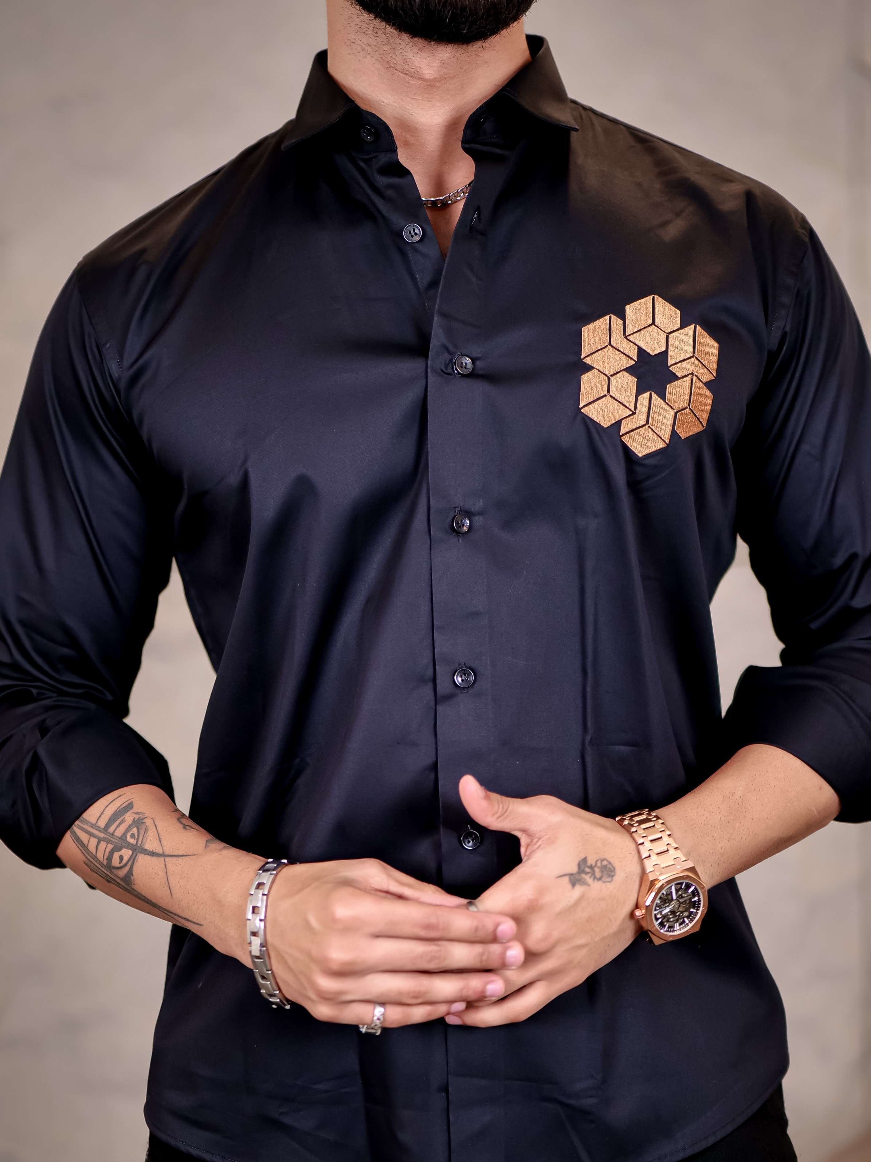 Black Arabian Cube Embroidered Premium Cotton Shirt For Men - Image 8