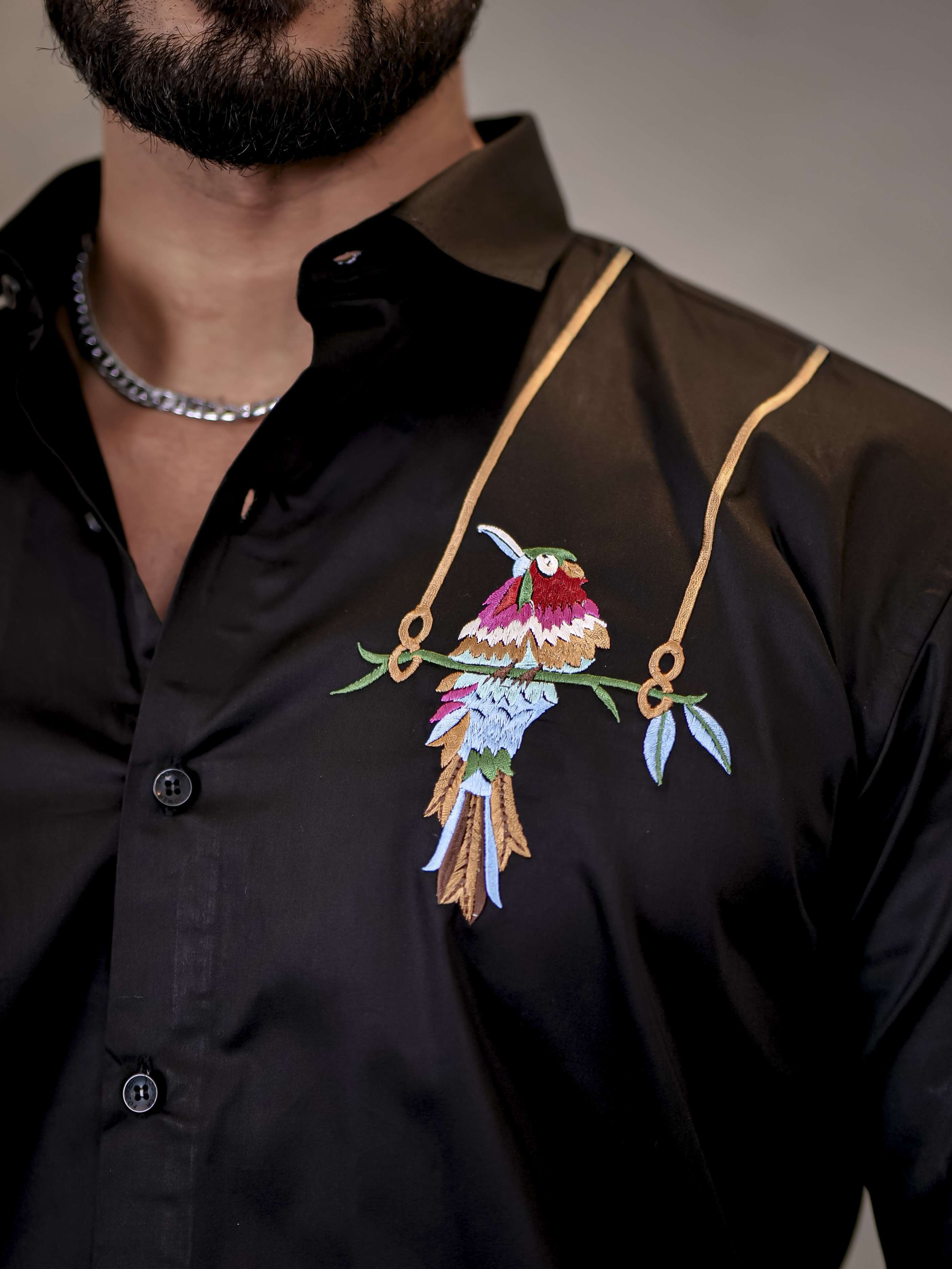 Black Bird Embroidered Premium Cotton Shirt For Men - Image 2