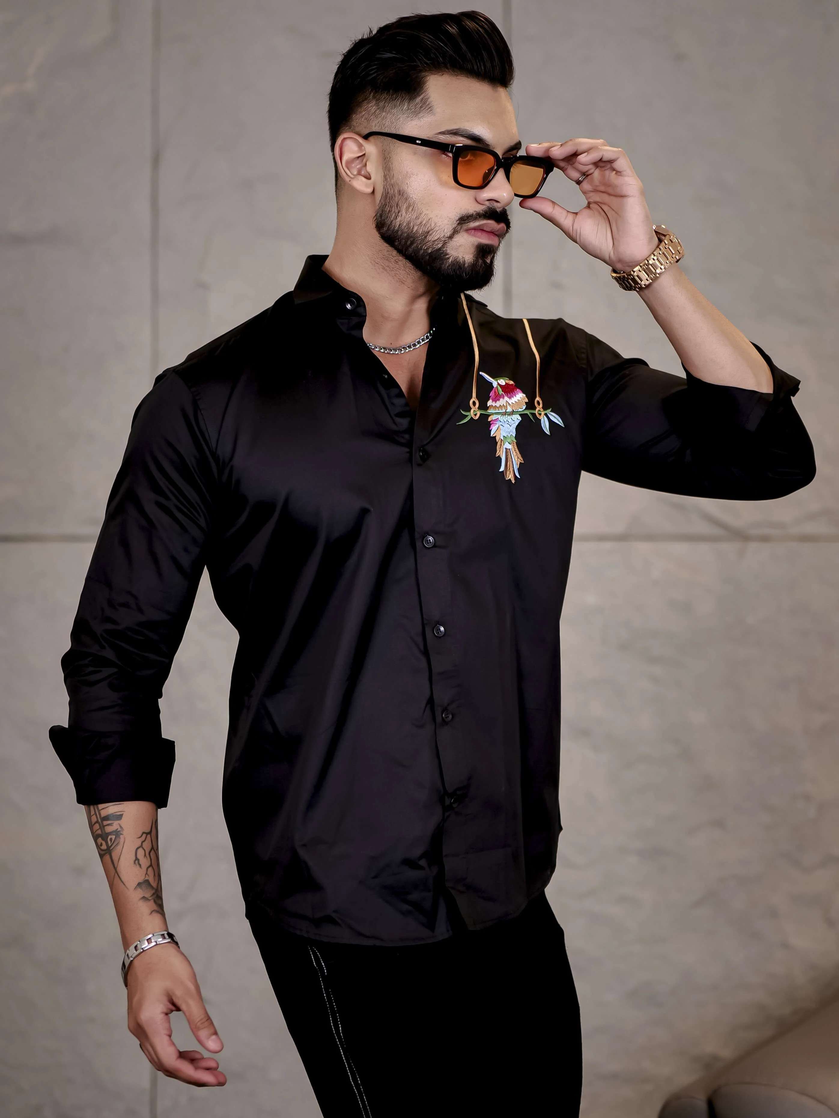 Black Bird Embroidered Premium Cotton Shirt For Men - Image 5