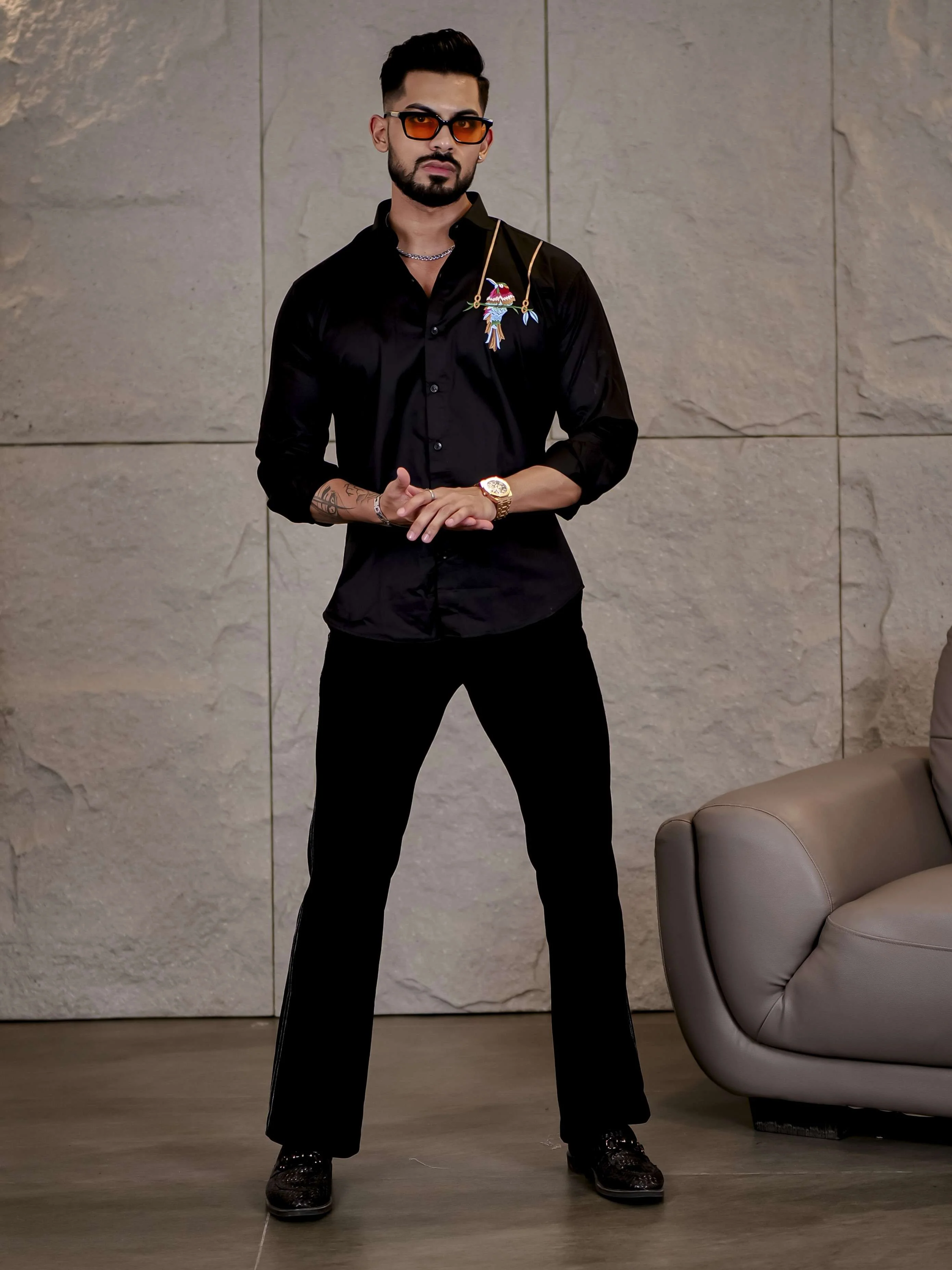 Black Bird Embroidered Premium Cotton Shirt For Men - Image 7