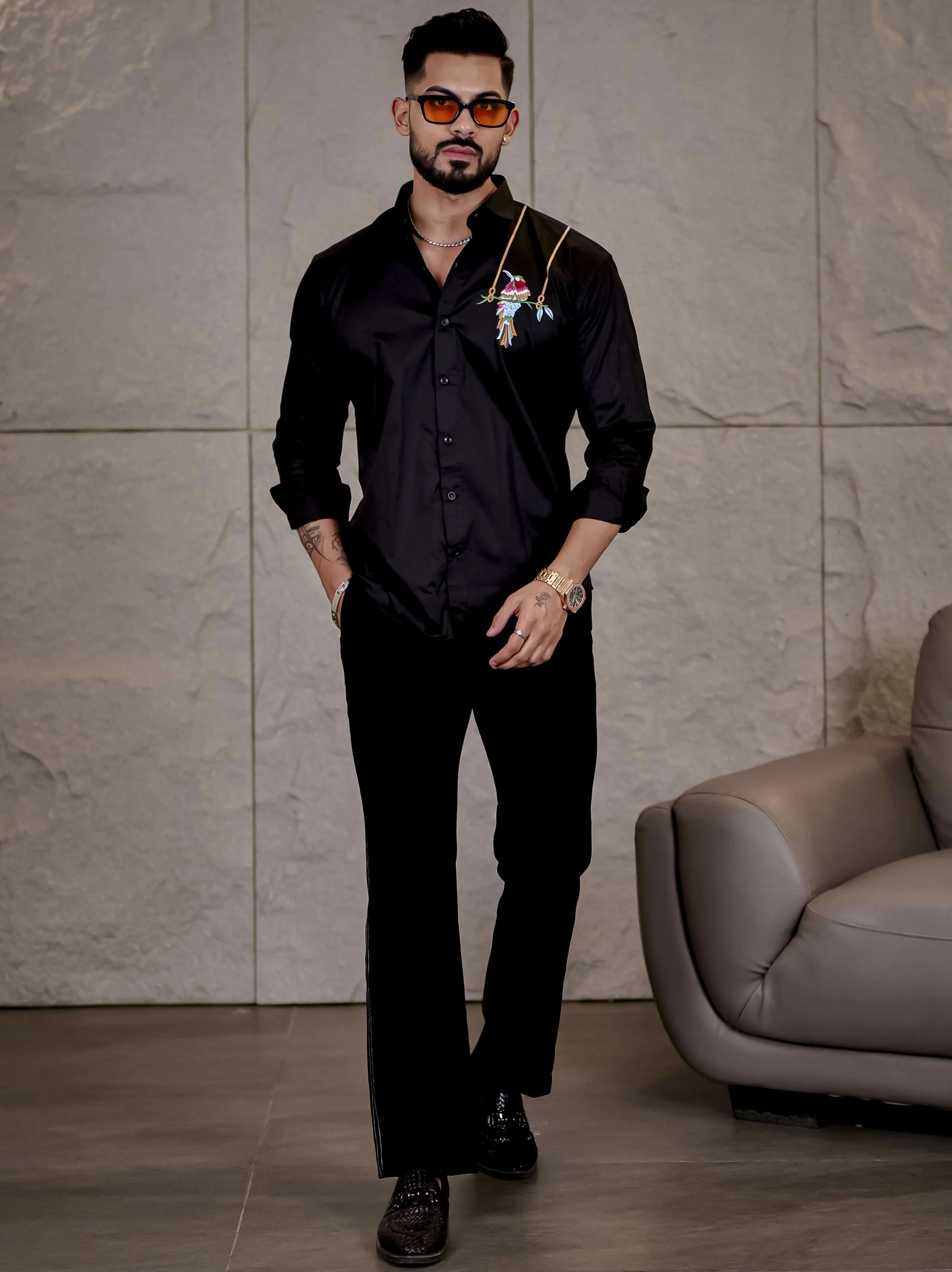 Black Bird Embroidered Premium Cotton Shirt For Men - Image 8