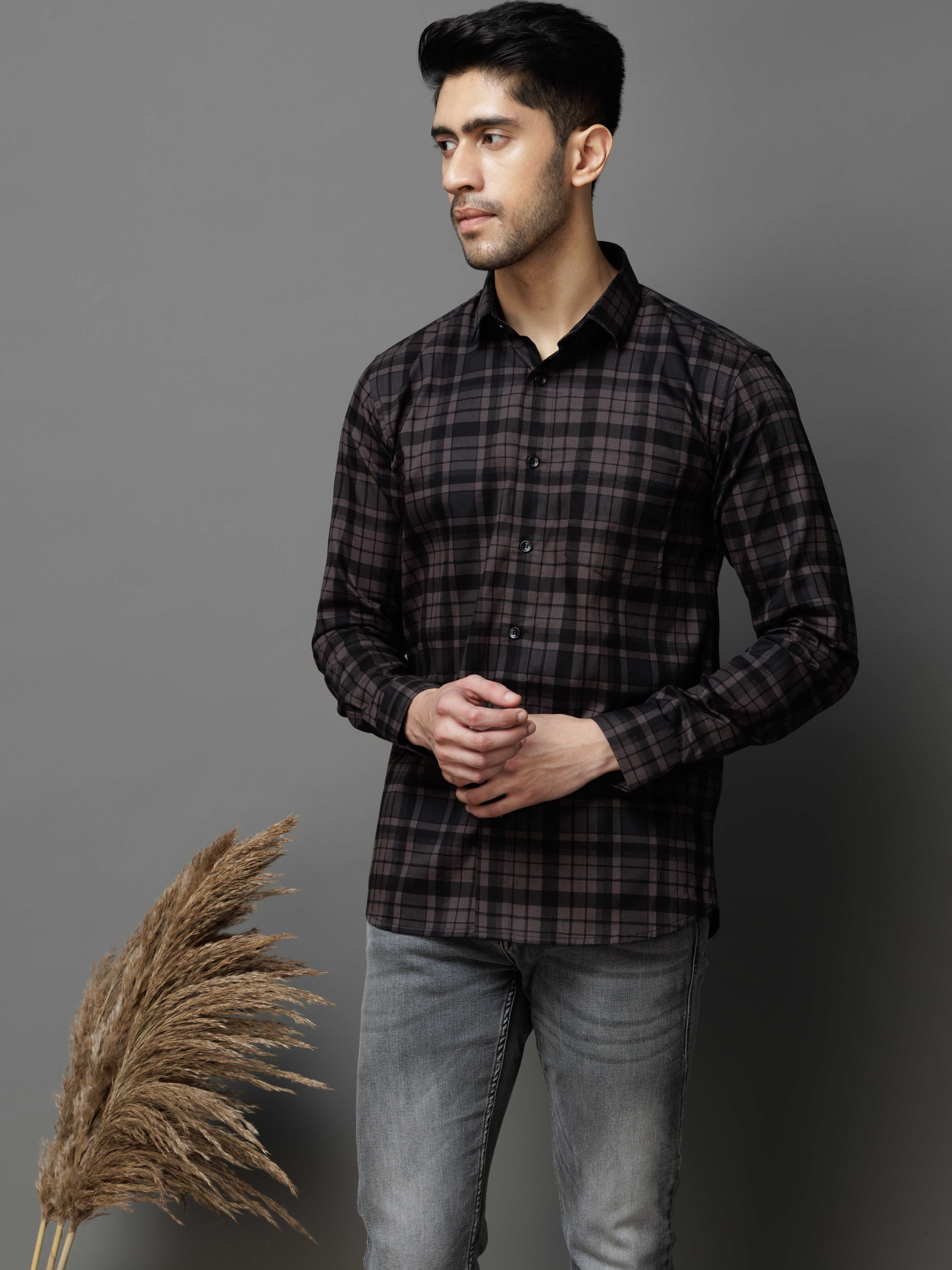 BLACK CHECKS PRINTED COTTON CASUAL SHIRT FOR MEN'S - Image 3