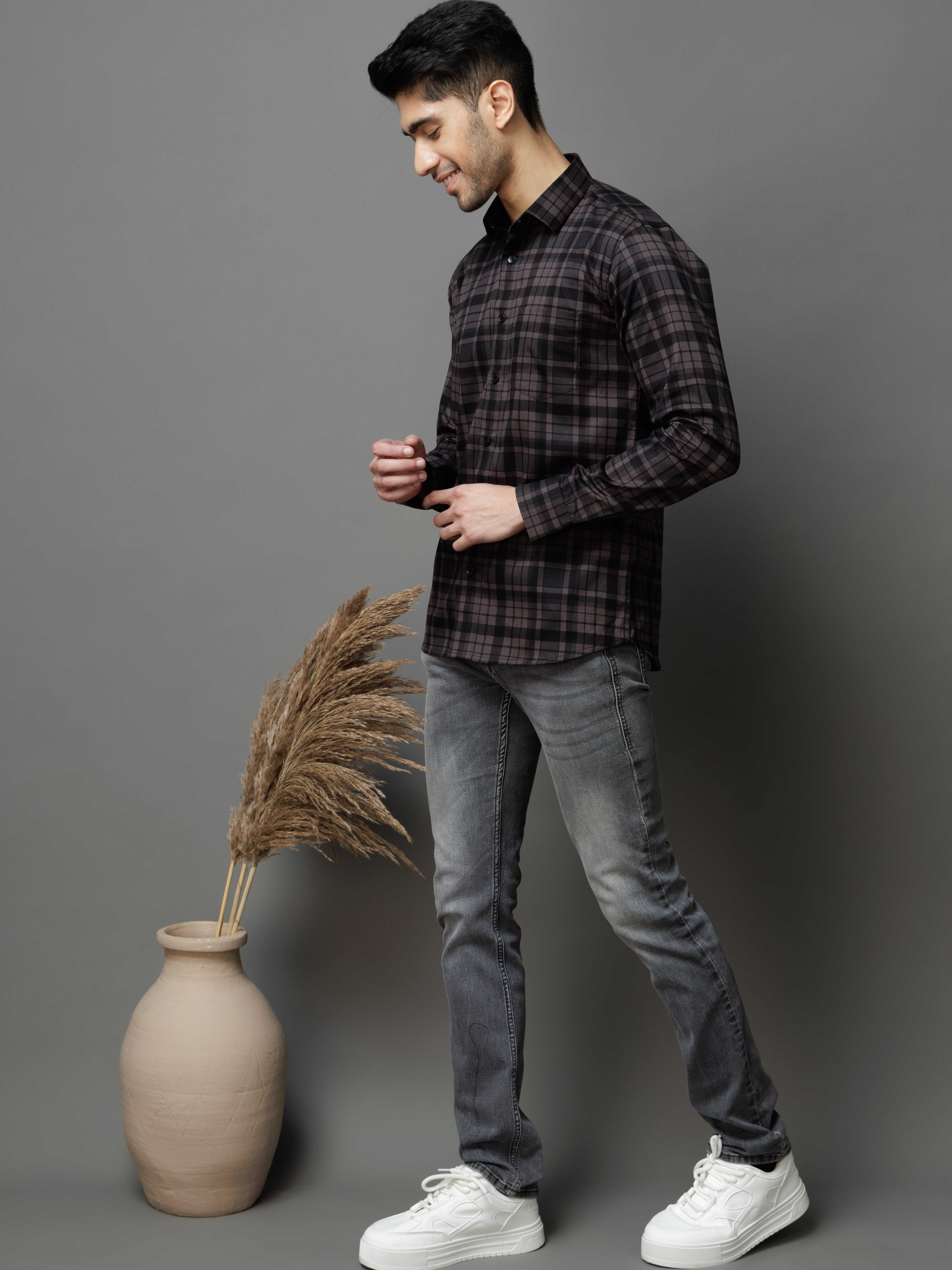 BLACK CHECKS PRINTED COTTON CASUAL SHIRT FOR MEN'S - Image 5