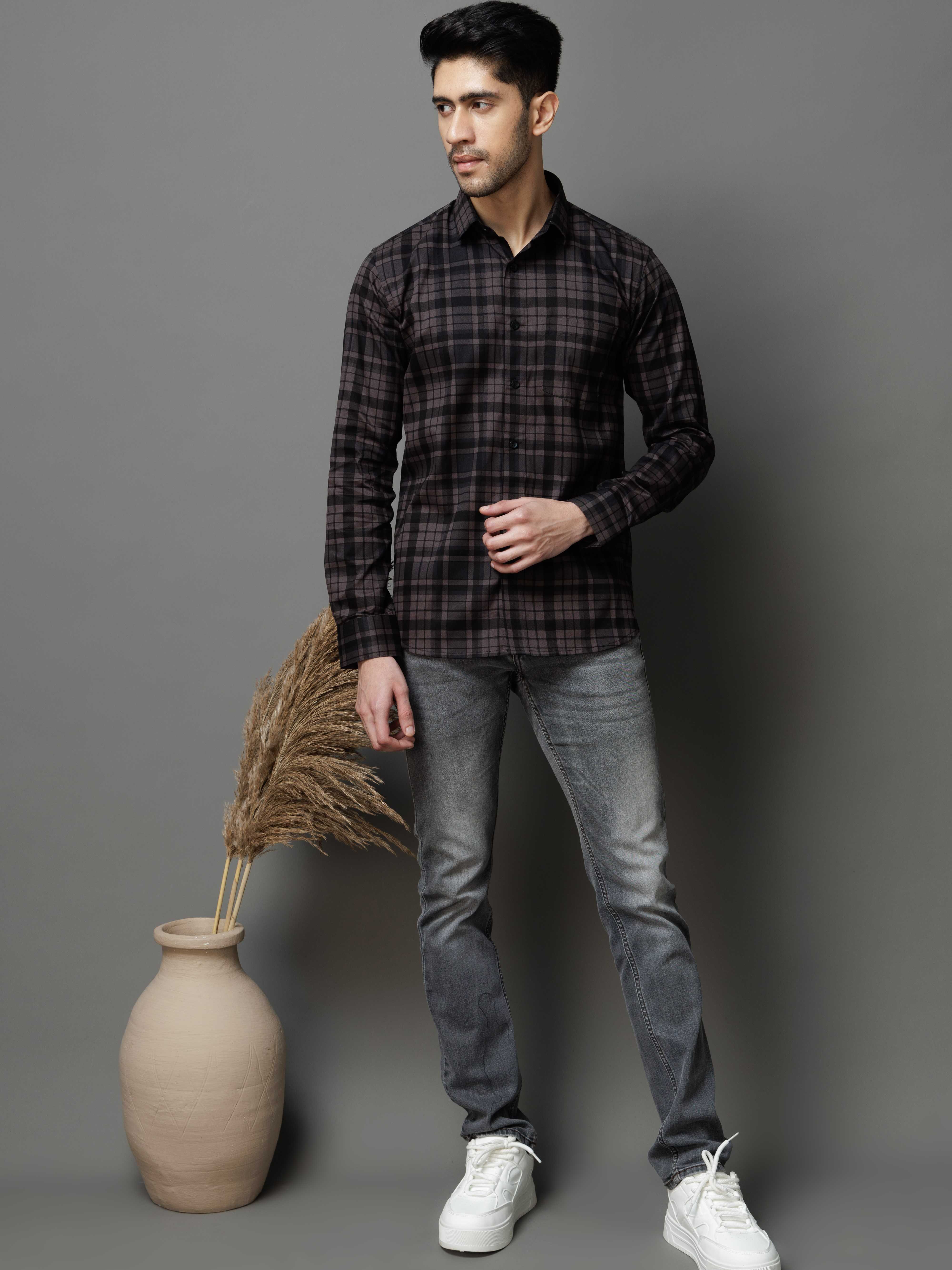 BLACK CHECKS PRINTED COTTON CASUAL SHIRT FOR MEN'S - Image 6
