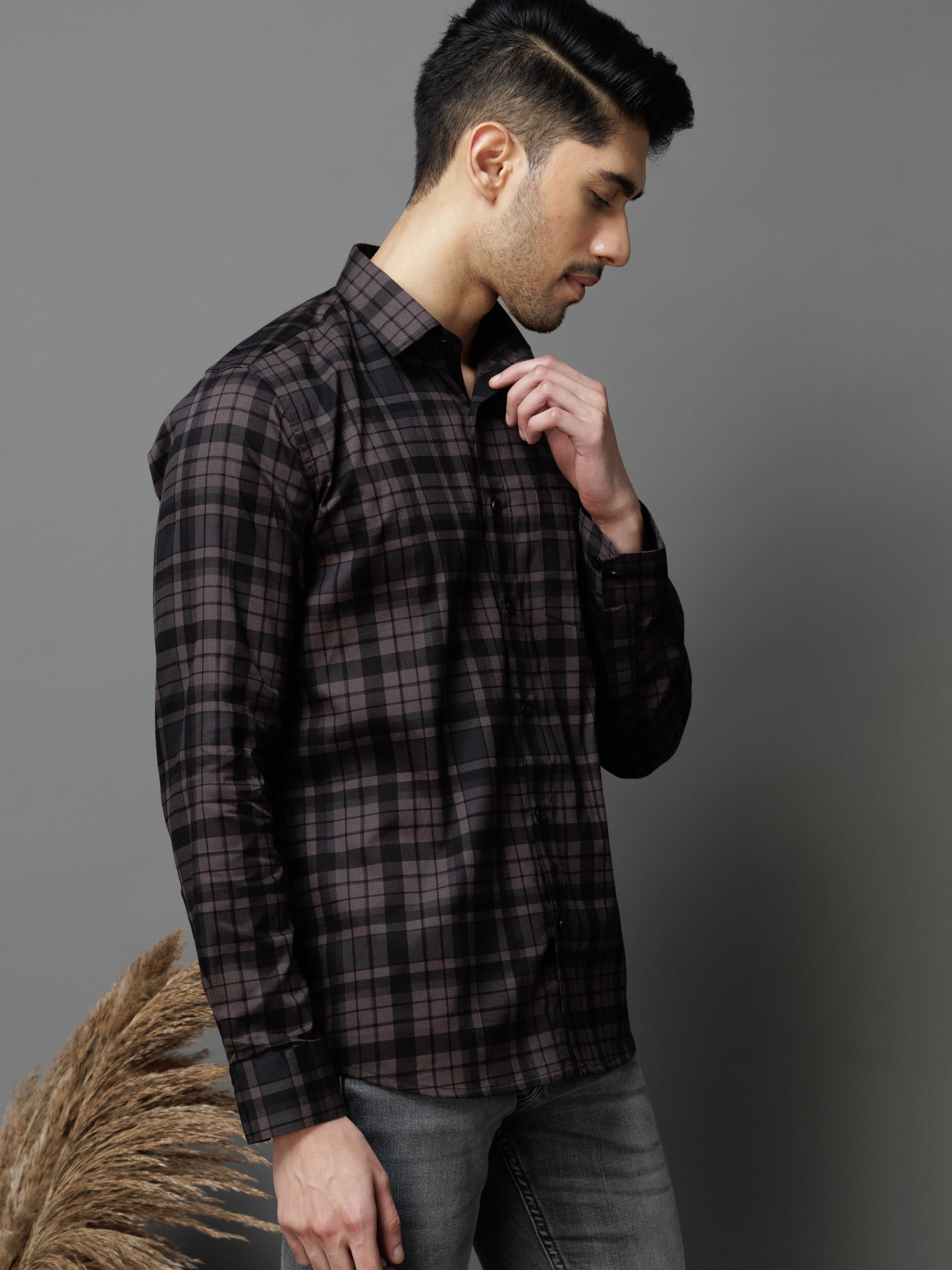 BLACK CHECKS PRINTED COTTON CASUAL SHIRT FOR MEN'S - Image 7