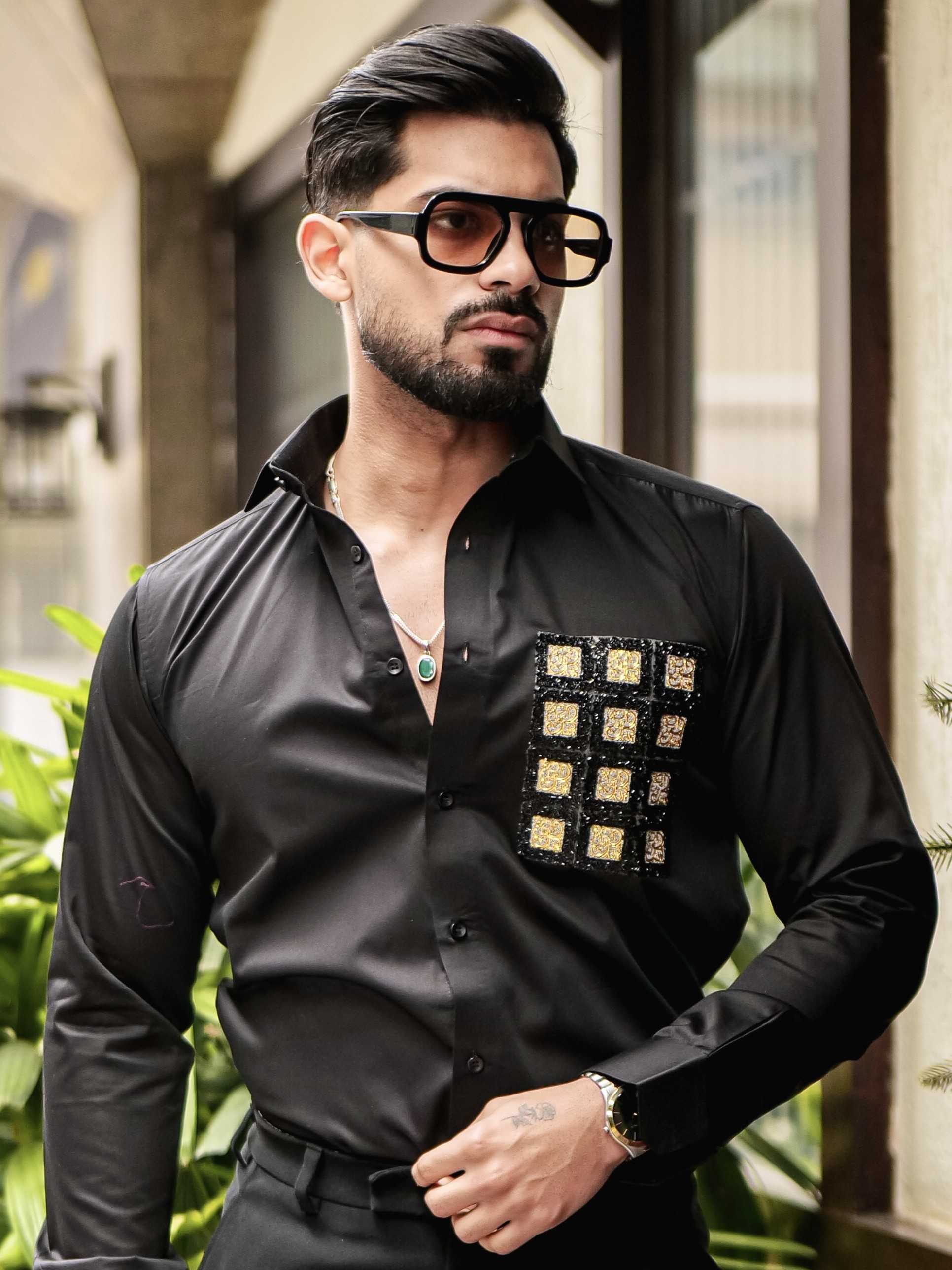 BLACK CLUB WEAR BOX PRINTED SATIN COTTON MEN'S SHIRT