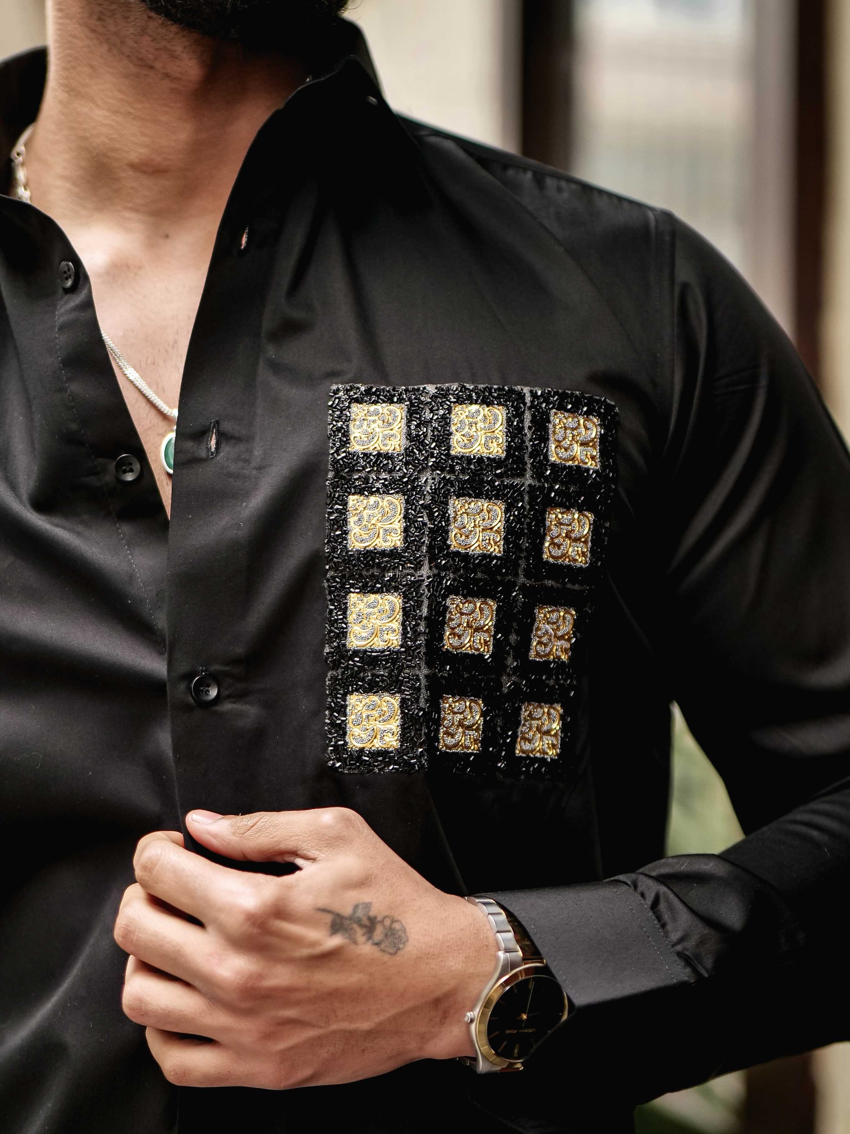 BLACK CLUB WEAR BOX PRINTED SATIN COTTON MEN'S SHIRT - Image 2