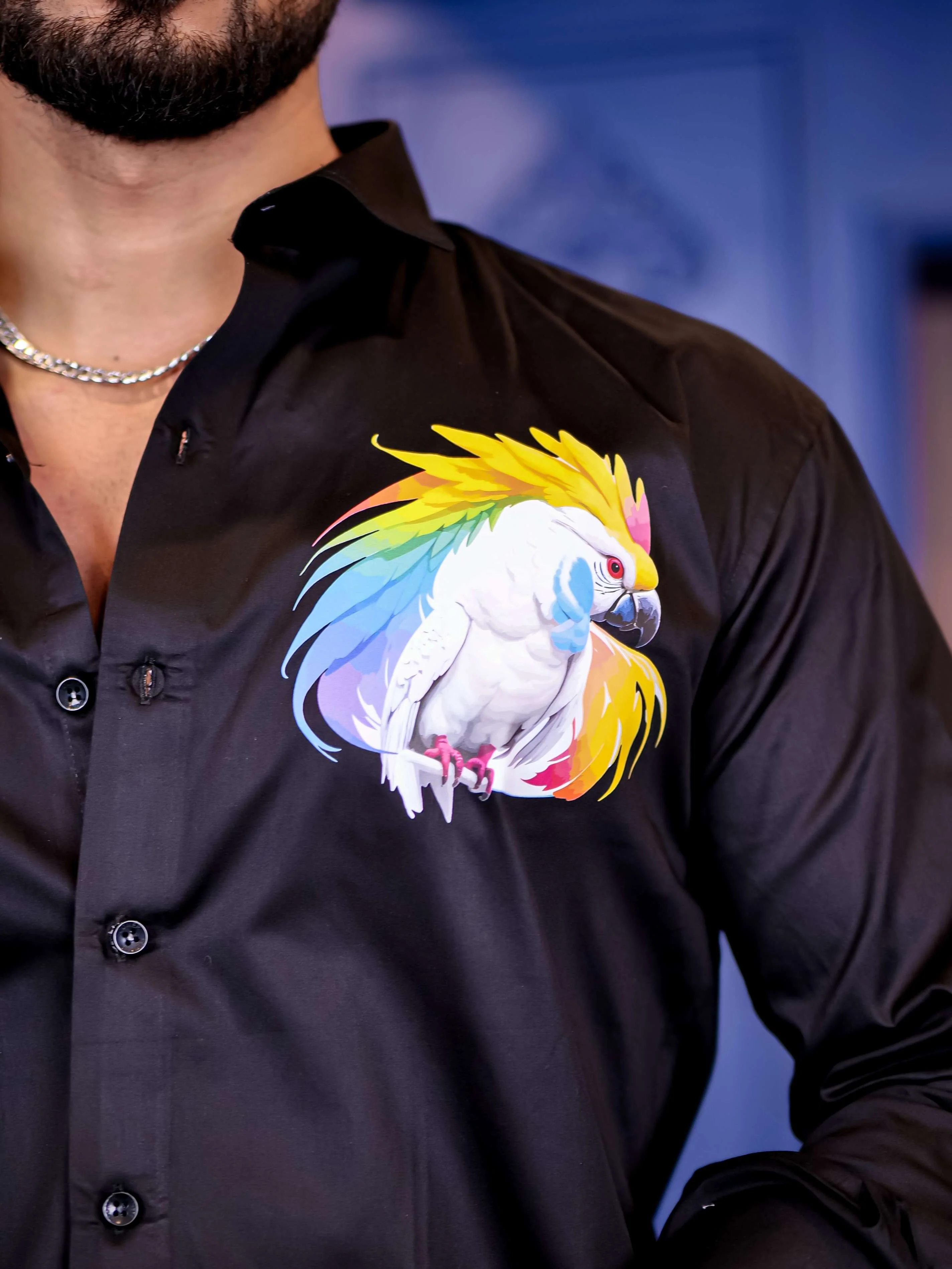 Black Club Wear Cockatoos Printed Satin Cotton Shirt - Image 2