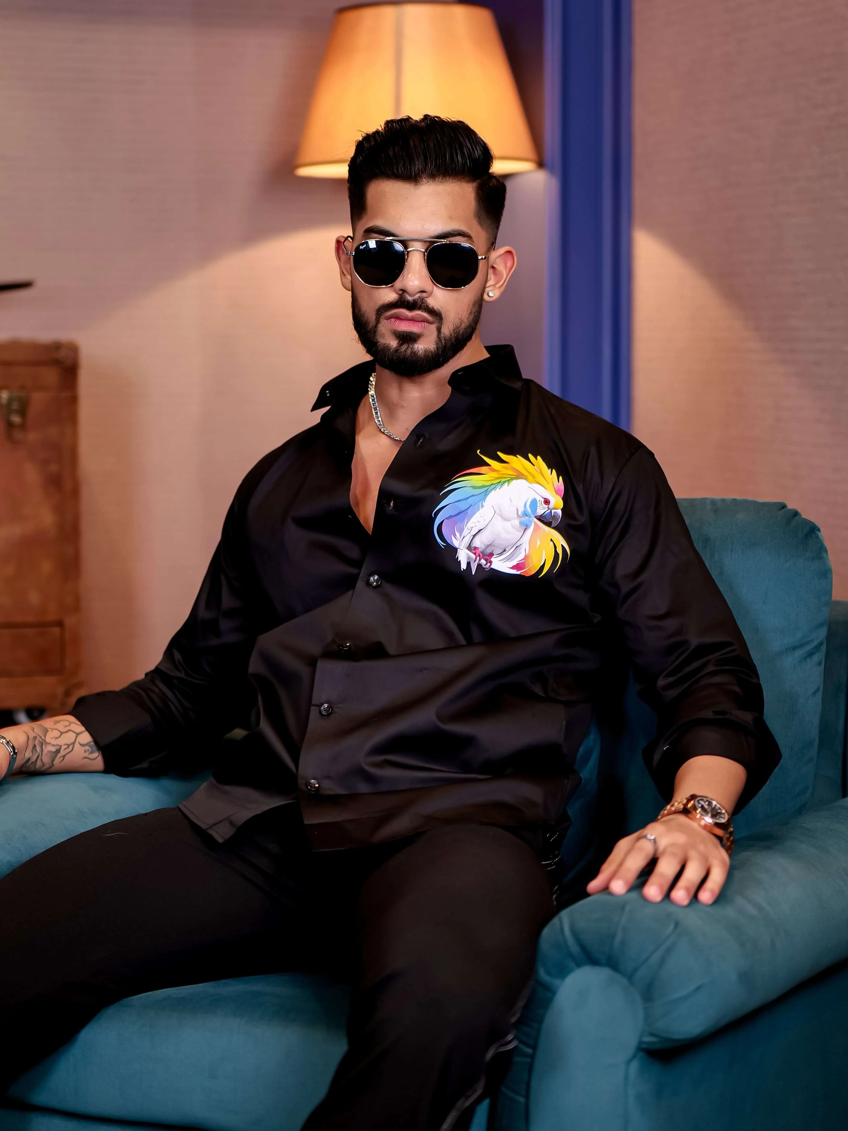 Black Club Wear Cockatoos Printed Satin Cotton Shirt - Image 3