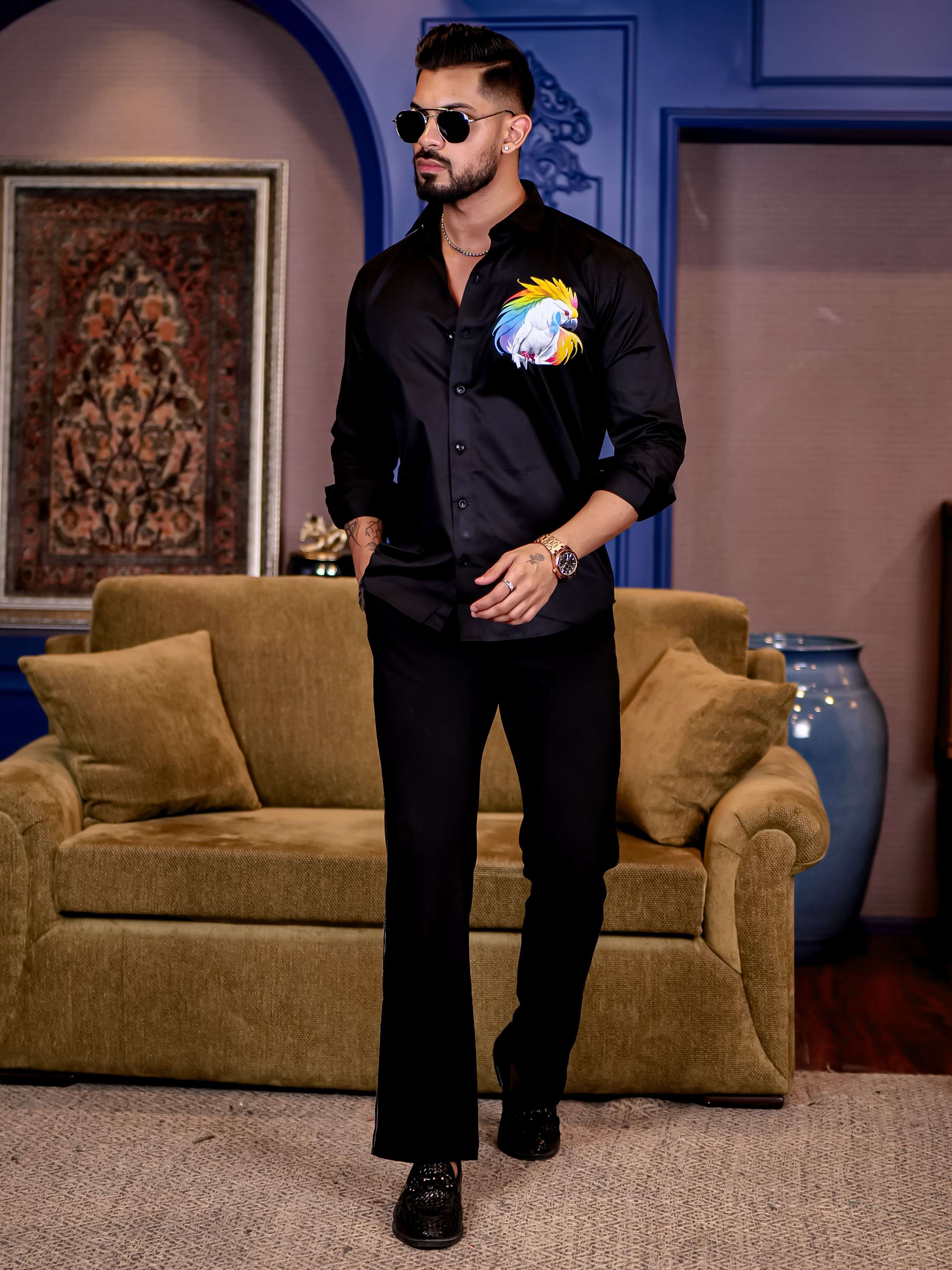 Black Club Wear Cockatoos Printed Satin Cotton Shirt - Image 4