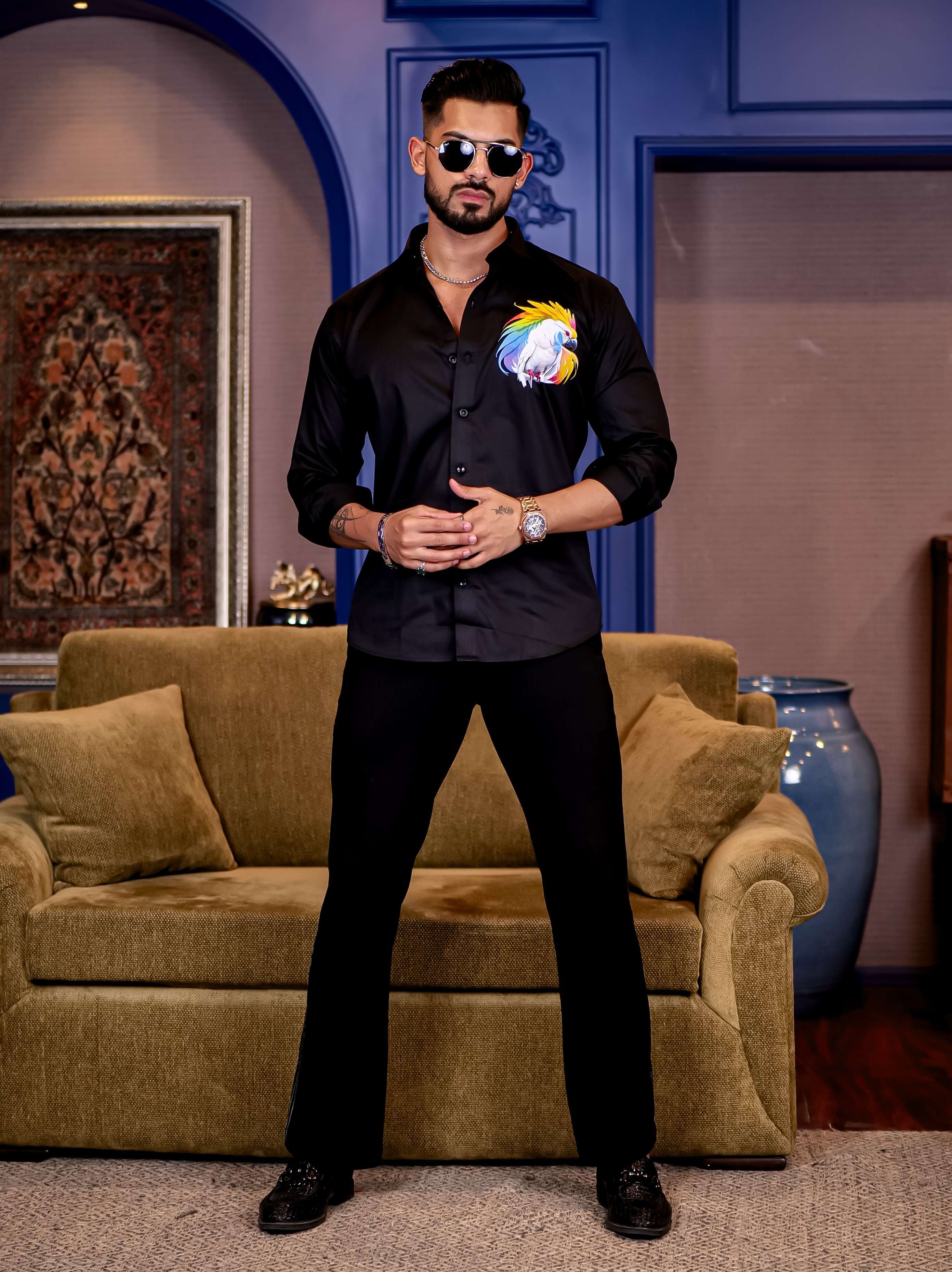 Black Club Wear Cockatoos Printed Satin Cotton Shirt - Image 5