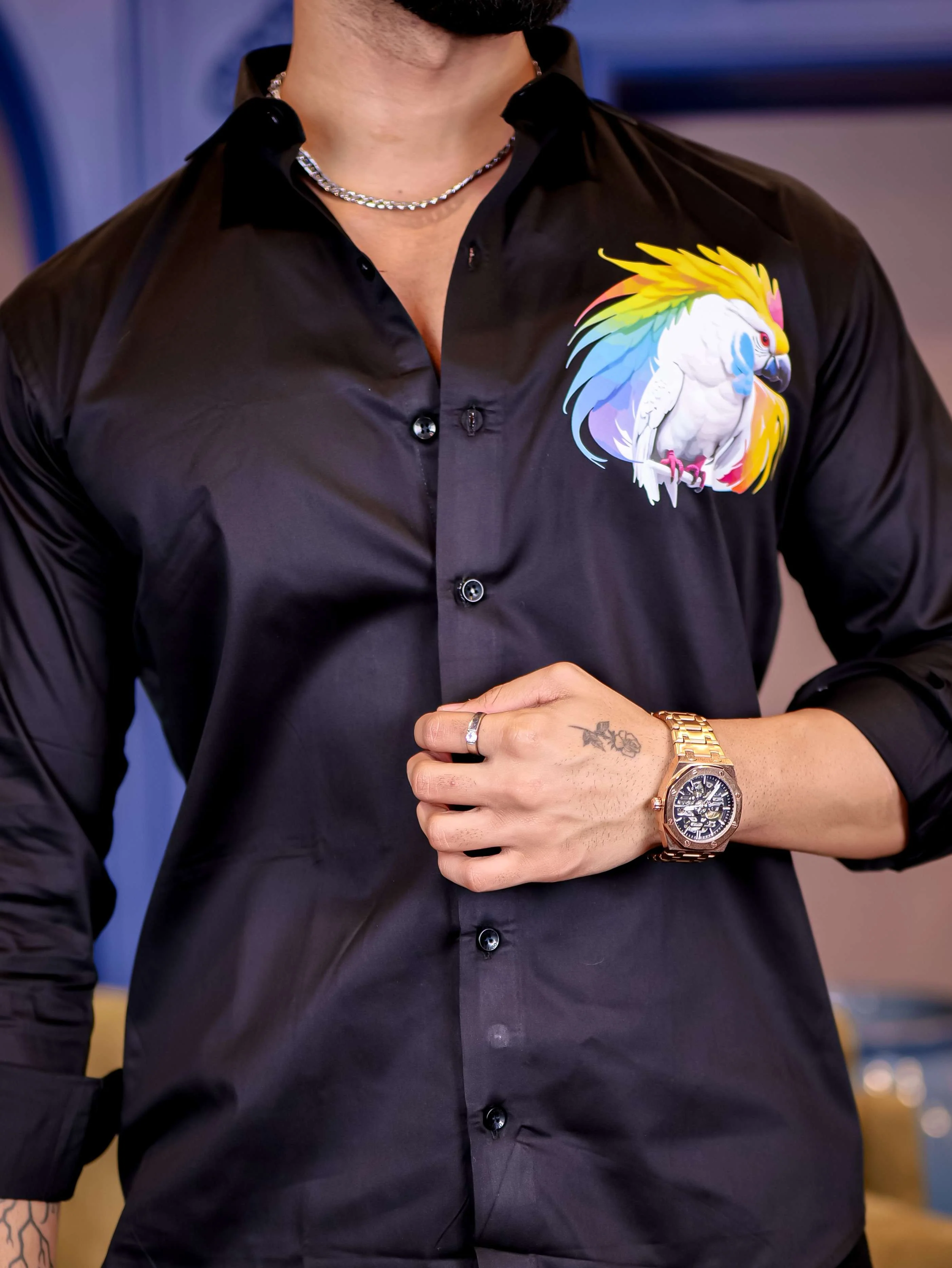 Black Club Wear Cockatoos Printed Satin Cotton Shirt - Image 6