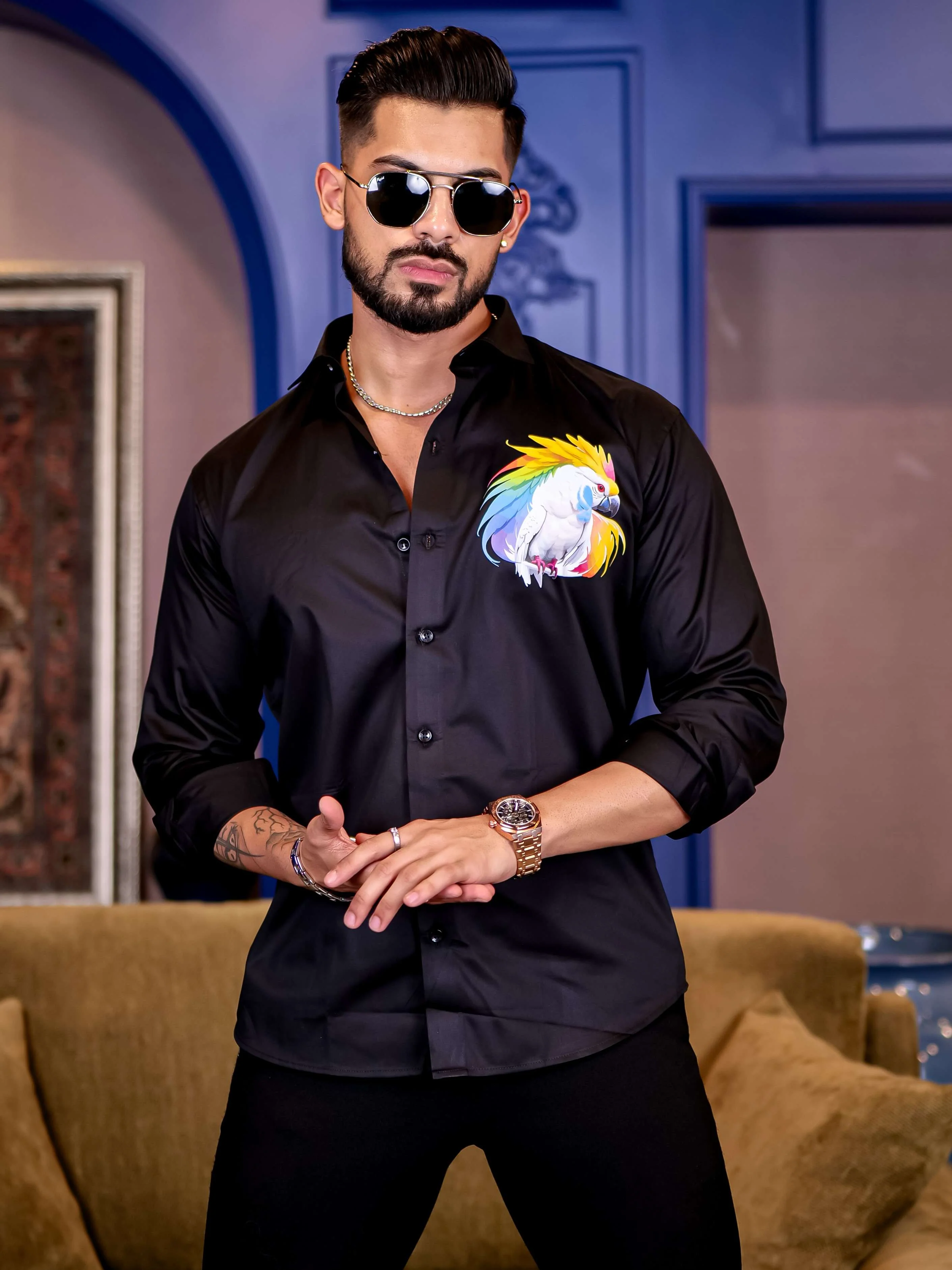 Black Club Wear Cockatoos Printed Satin Cotton Shirt - Image 7