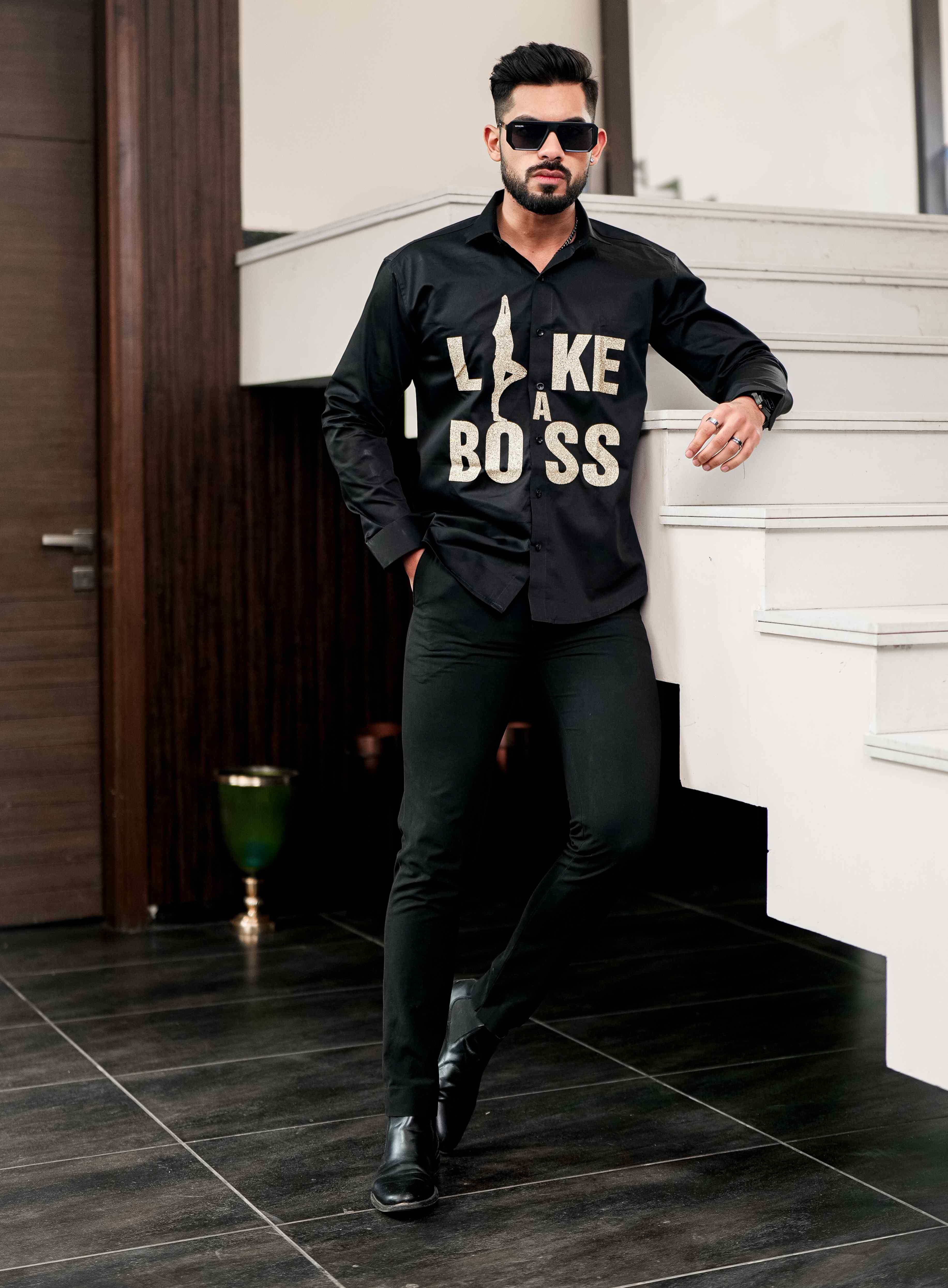 Black Club Wear Like A Boss Printed Satin Cotton Shirt - Image 3