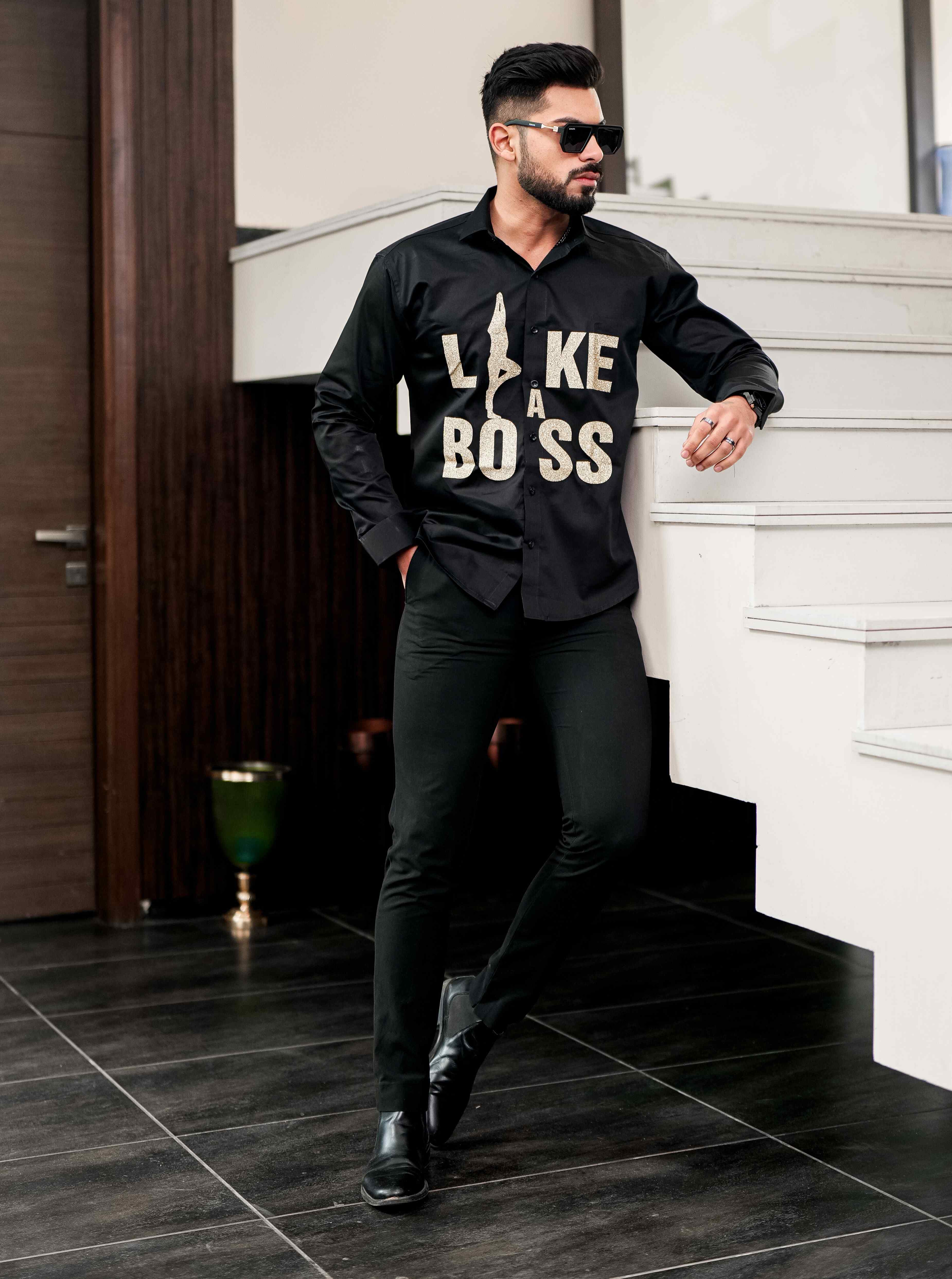 Black Club Wear Like A Boss Printed Satin Cotton Shirt - Image 4